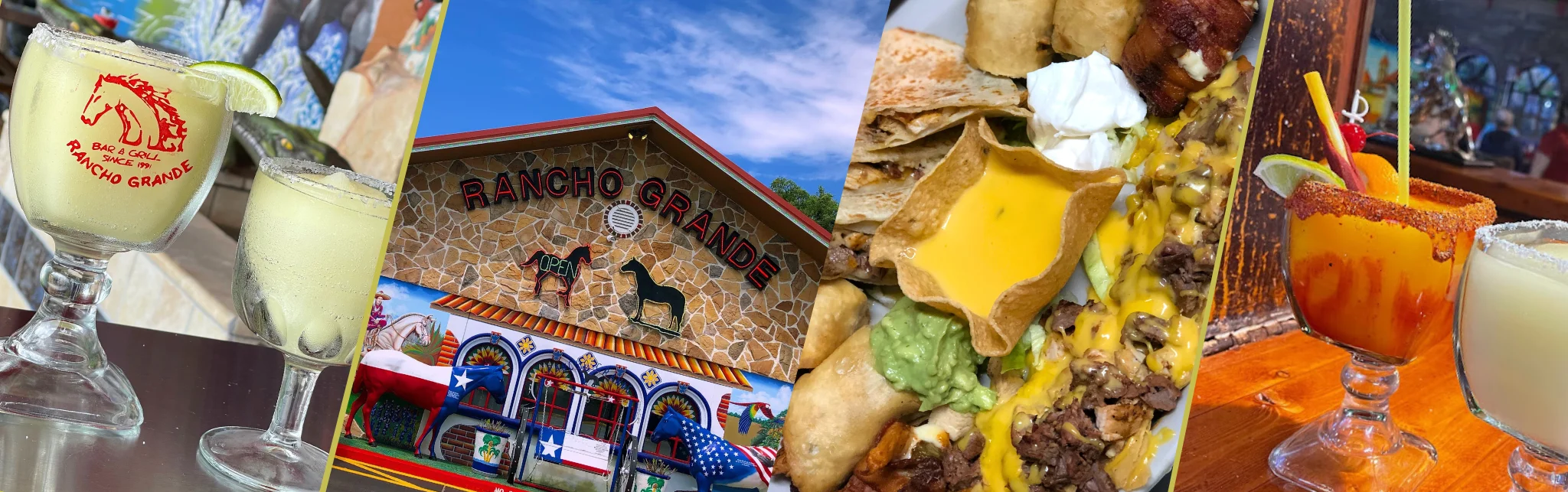 Colorful margaritas and Tex-Mex nachos at a vibrant restaurant