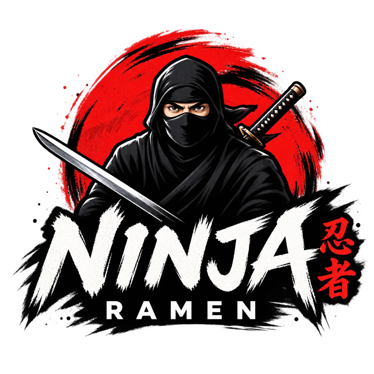 A stylized logo representing Ninja Ramen, featuring a ninja character with a sword against a circular backdrop.