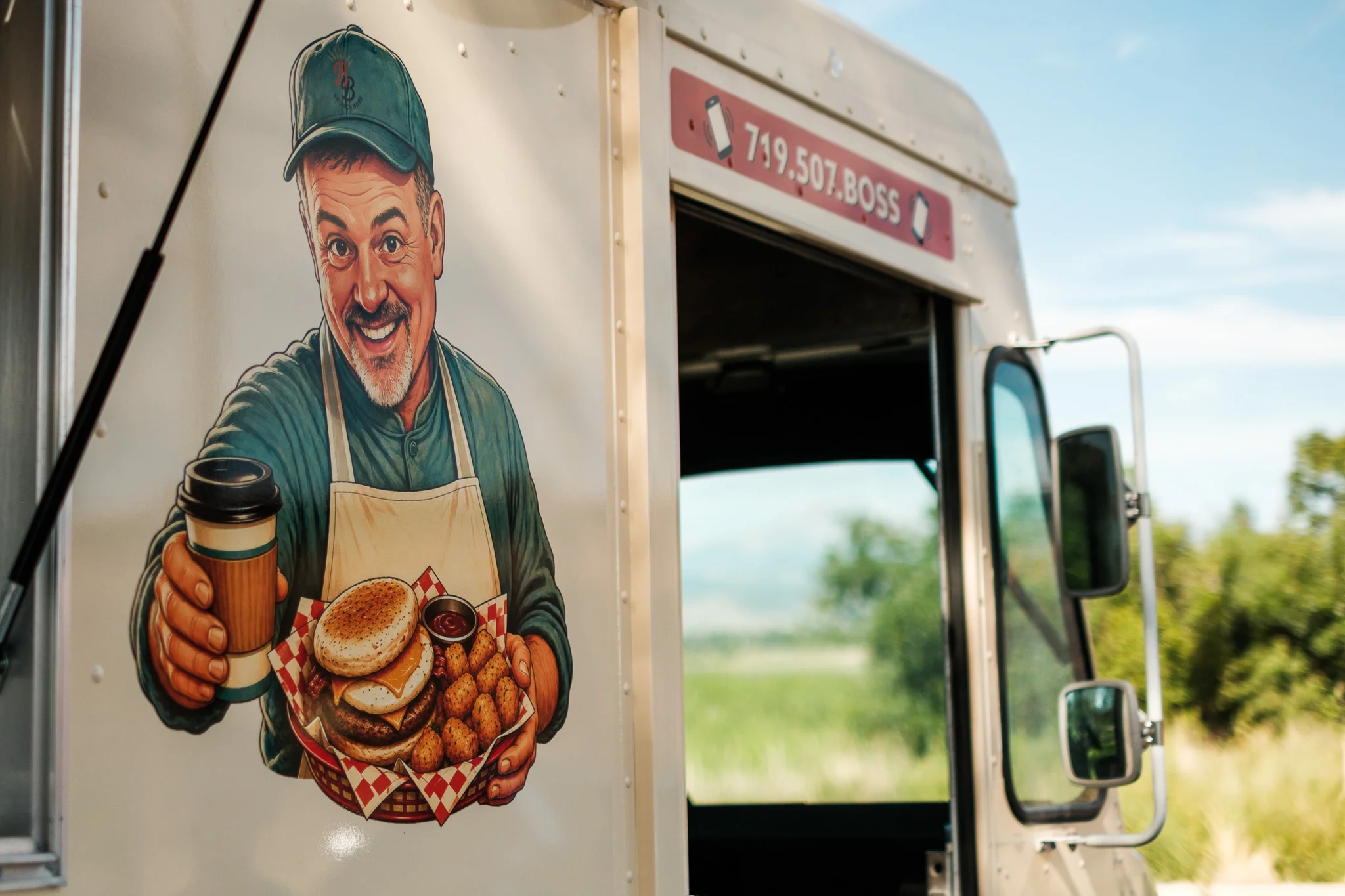 Food truck illustration featuring a smiling chef with burgers and coffee