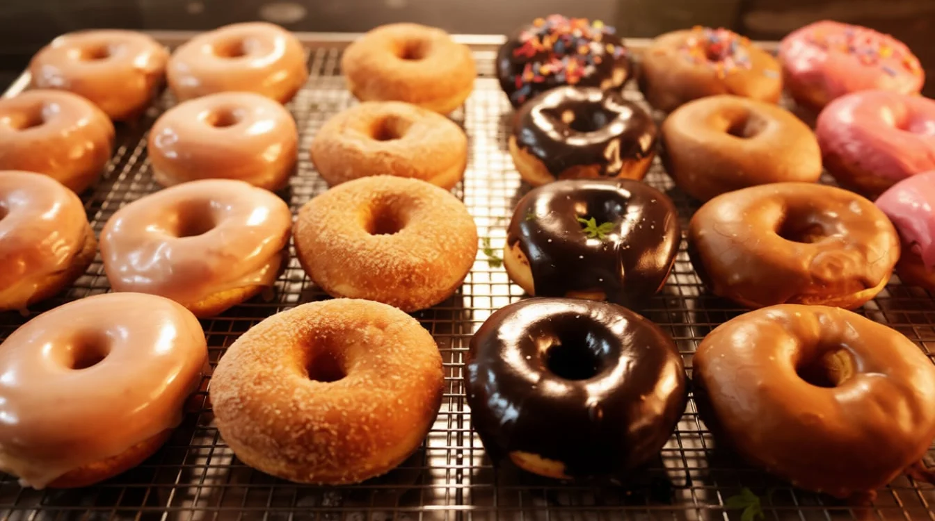 An assortment of pretzel-shaped donuts decorated with various toppings, displayed on a cooling rack.