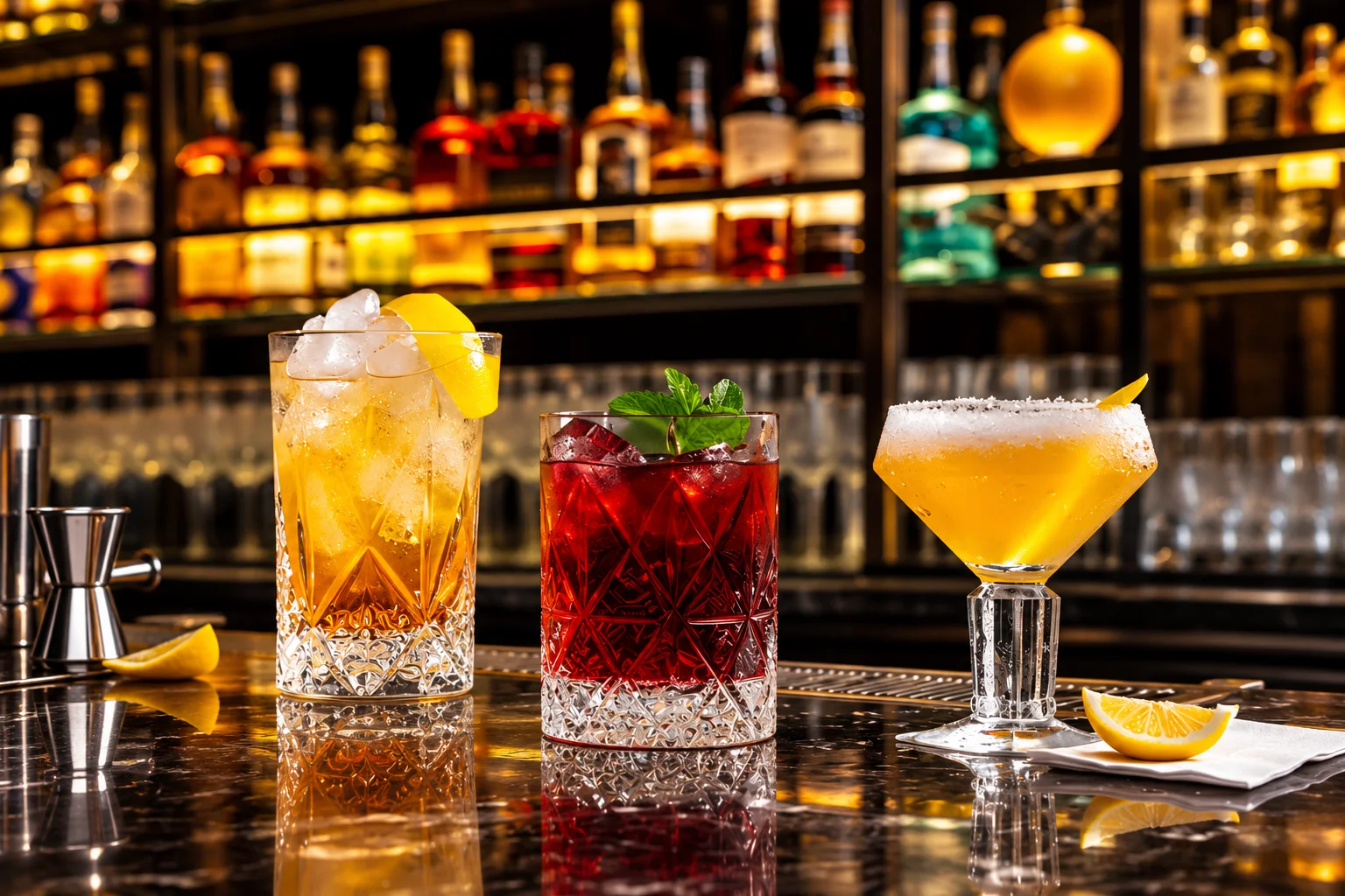 Colorful cocktails on a bar counter with a well-stocked liquor shelf in background