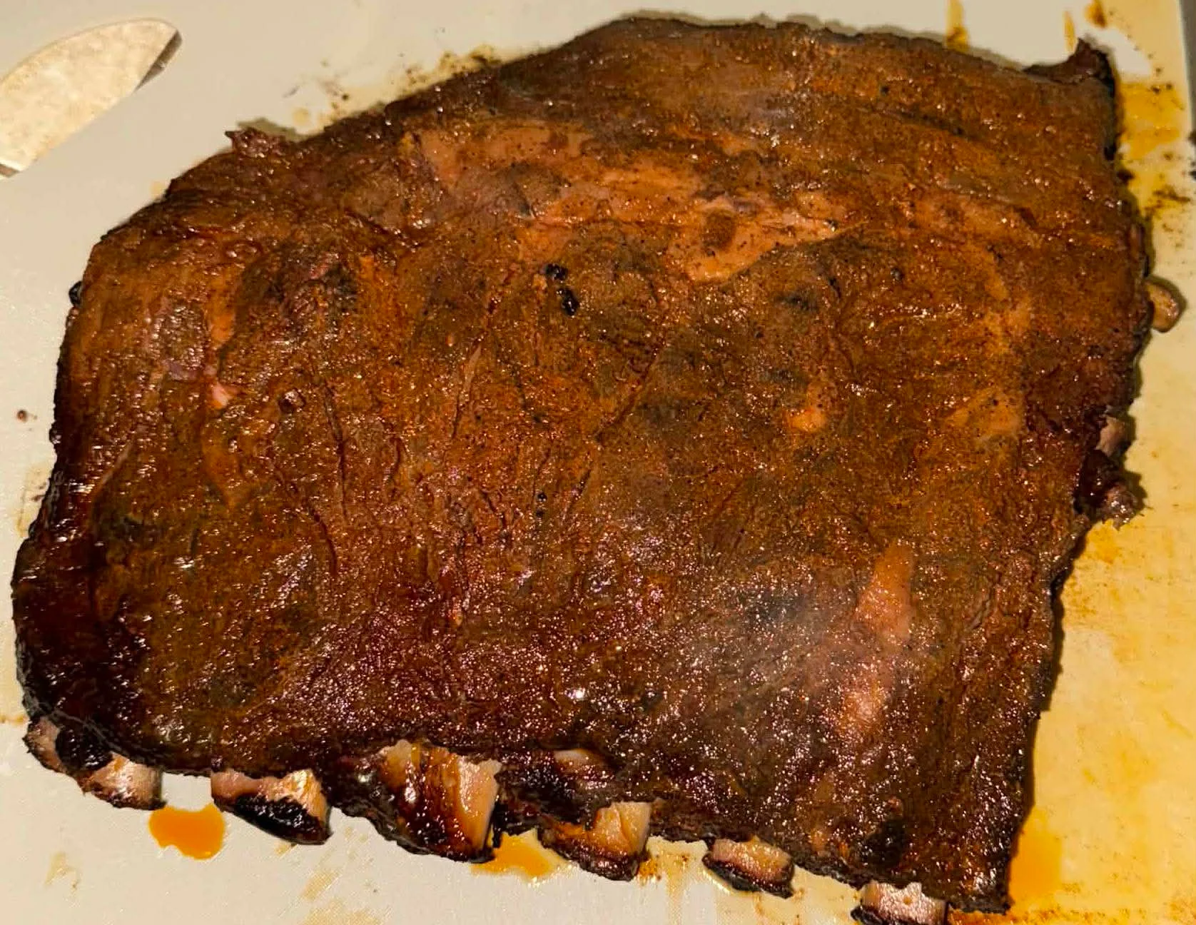 Smoked brisket with a rich, dark crust
