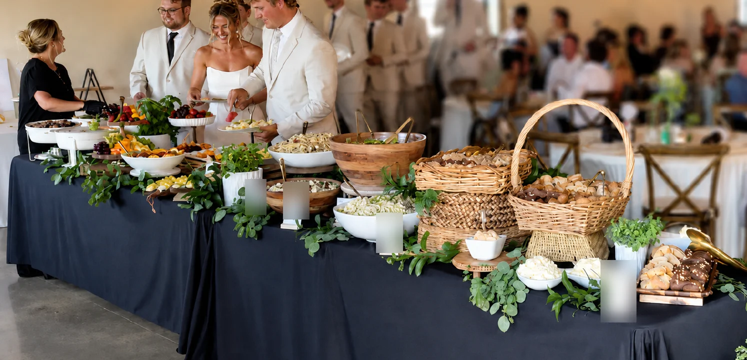 Elegant buffet spread featuring assorted dishes at a wedding reception