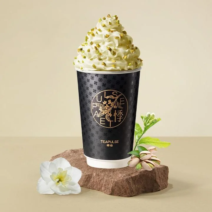 Pistachio-flavored whipped drink in a stylish cup