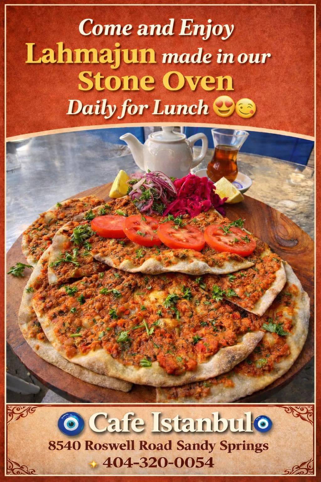 A promotional image featuring lahmacun, a flatbread dish topped with minced meat and herbs, served with fresh vegetables and a pot of tea.