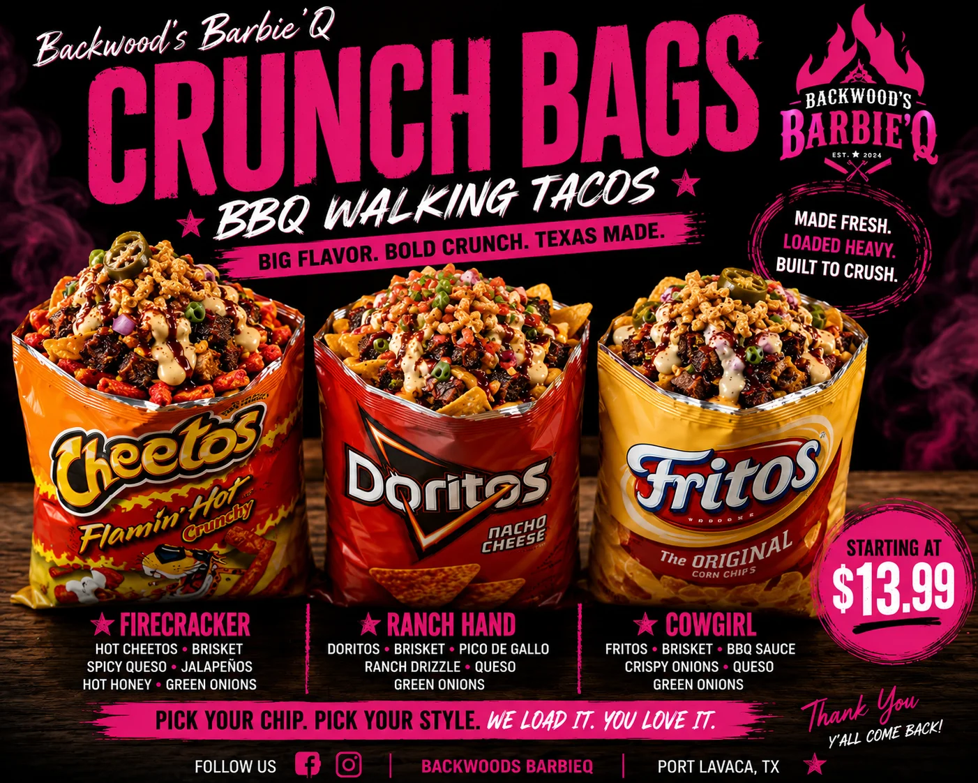 BBQ walking tacos in crunchy bags from Backwood's Barbie-Q
