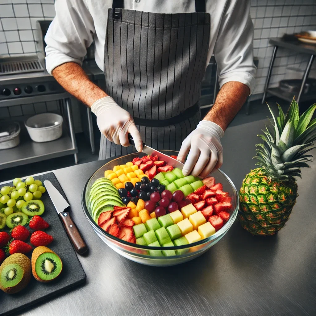 Colorful fruit salad preparation in a professional kitchen