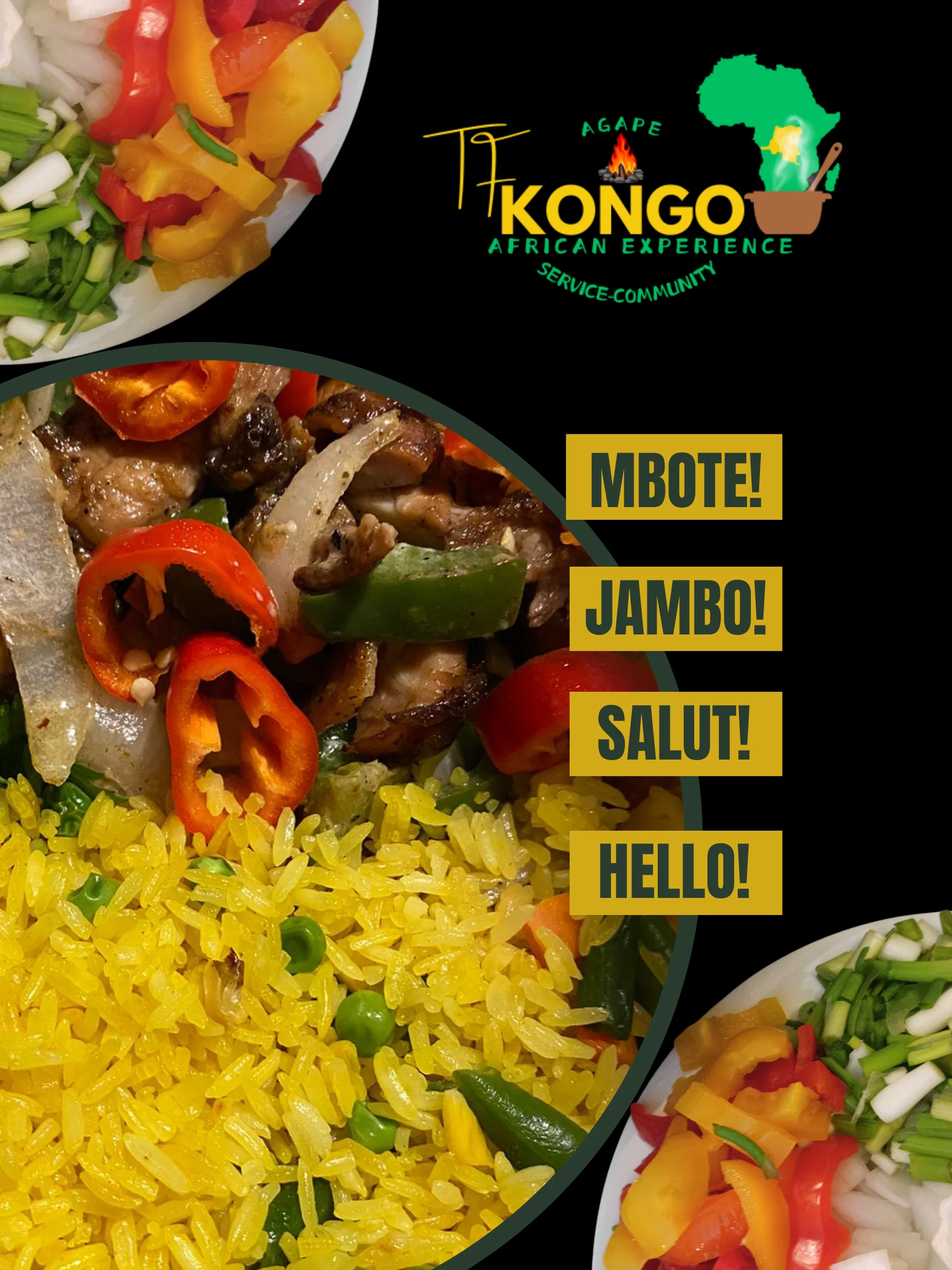 Colorful African jollof rice with grilled chicken and fresh vegetables