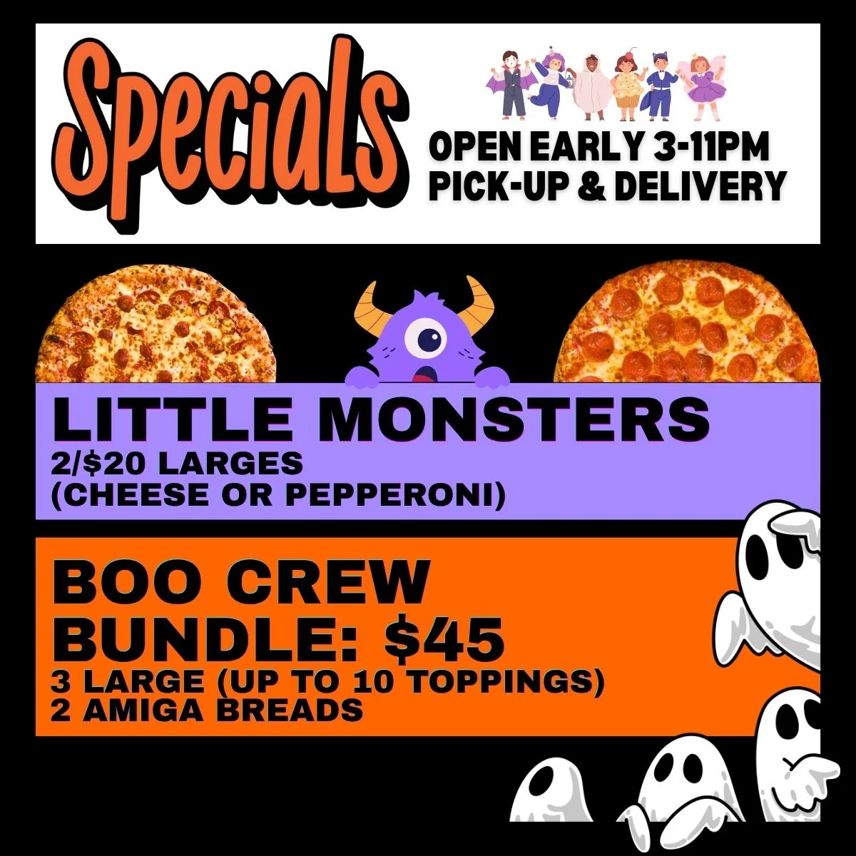 Restaurant pizza specials graphic with illustrated pizzas, monsters, and Halloween ghosts