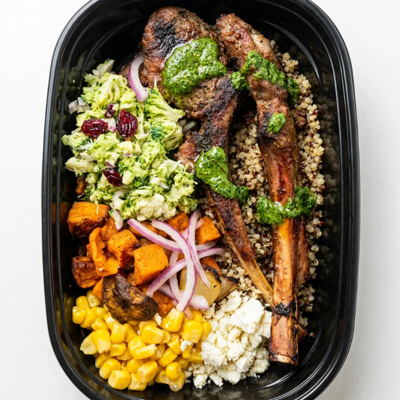 A meal featuring grilled lamb chops drizzled with pesto, served alongside quinoa, roasted sweet potatoes, corn, and a salad with broccoli and cranberries.