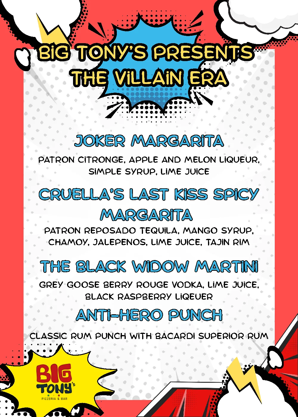 Colorful comic-book style restaurant cocktail menu graphic