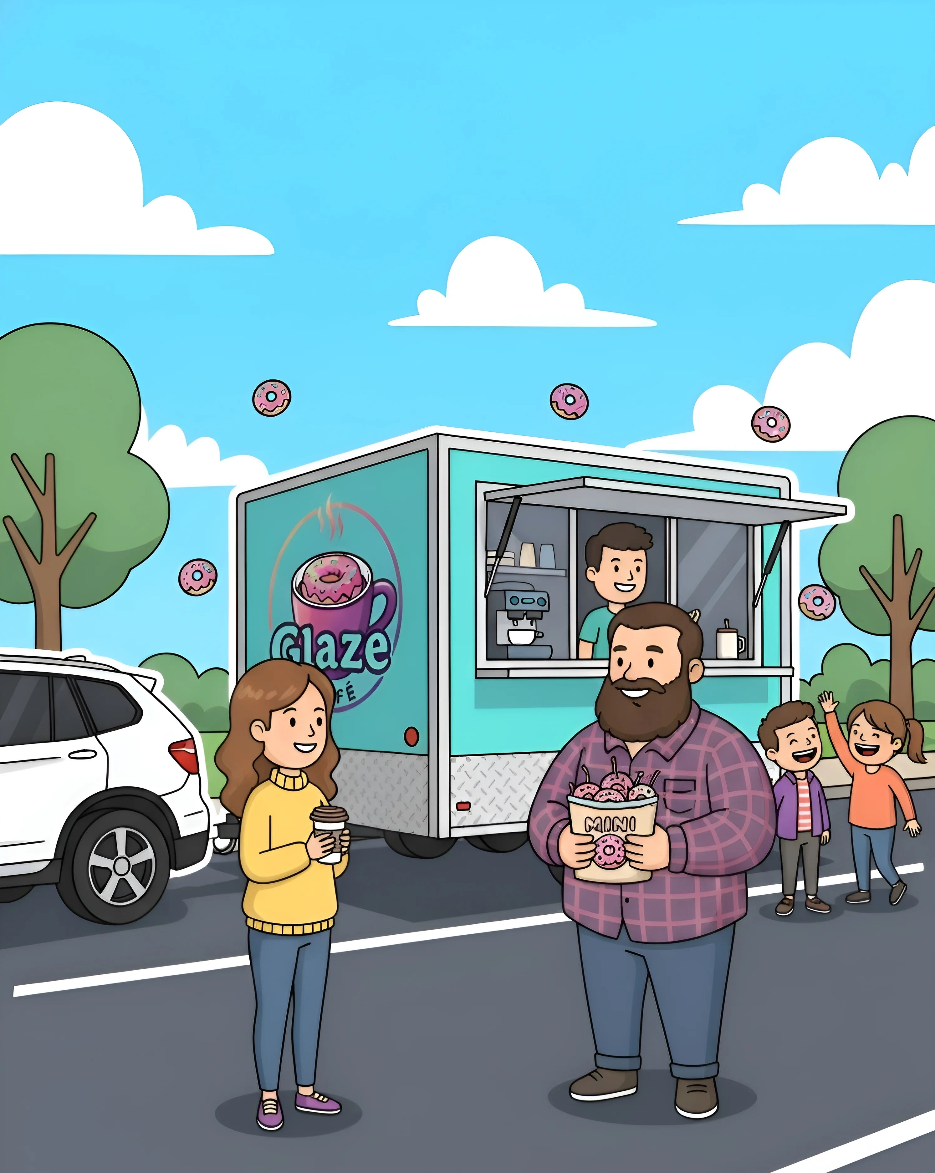 A vibrant scene in front of a food truck where a man and a woman are enjoying donuts and drinks, with children happily interacting nearby.
