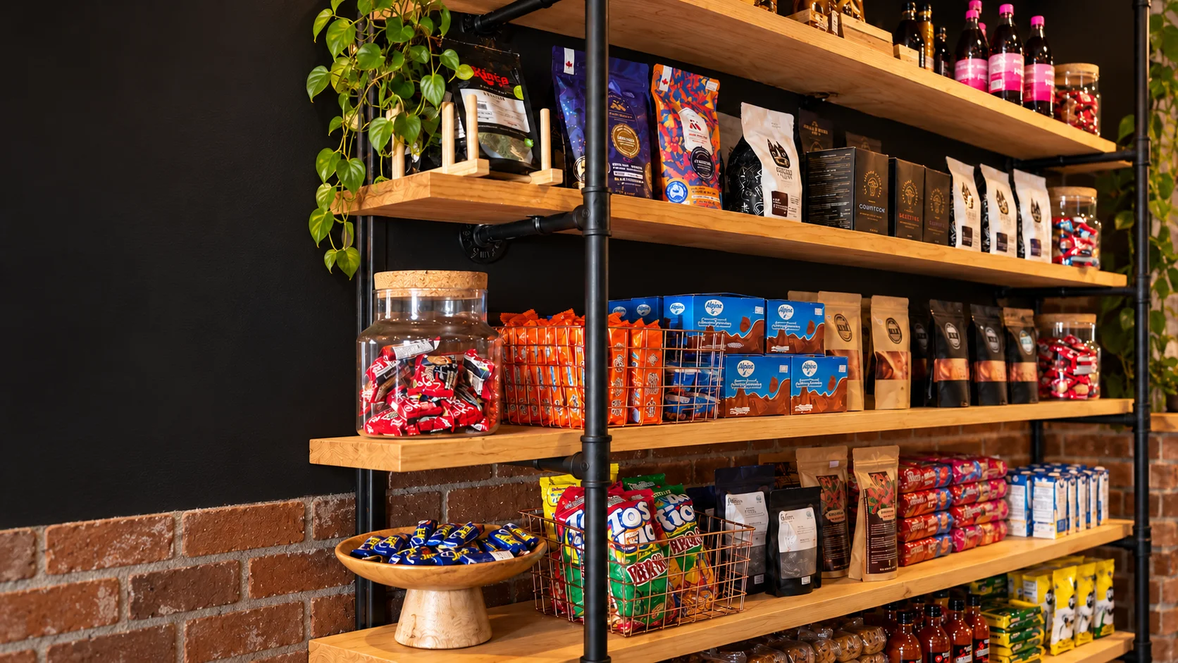 Restaurant retail shelves stocked with coffee, snacks, chocolate, and beverages