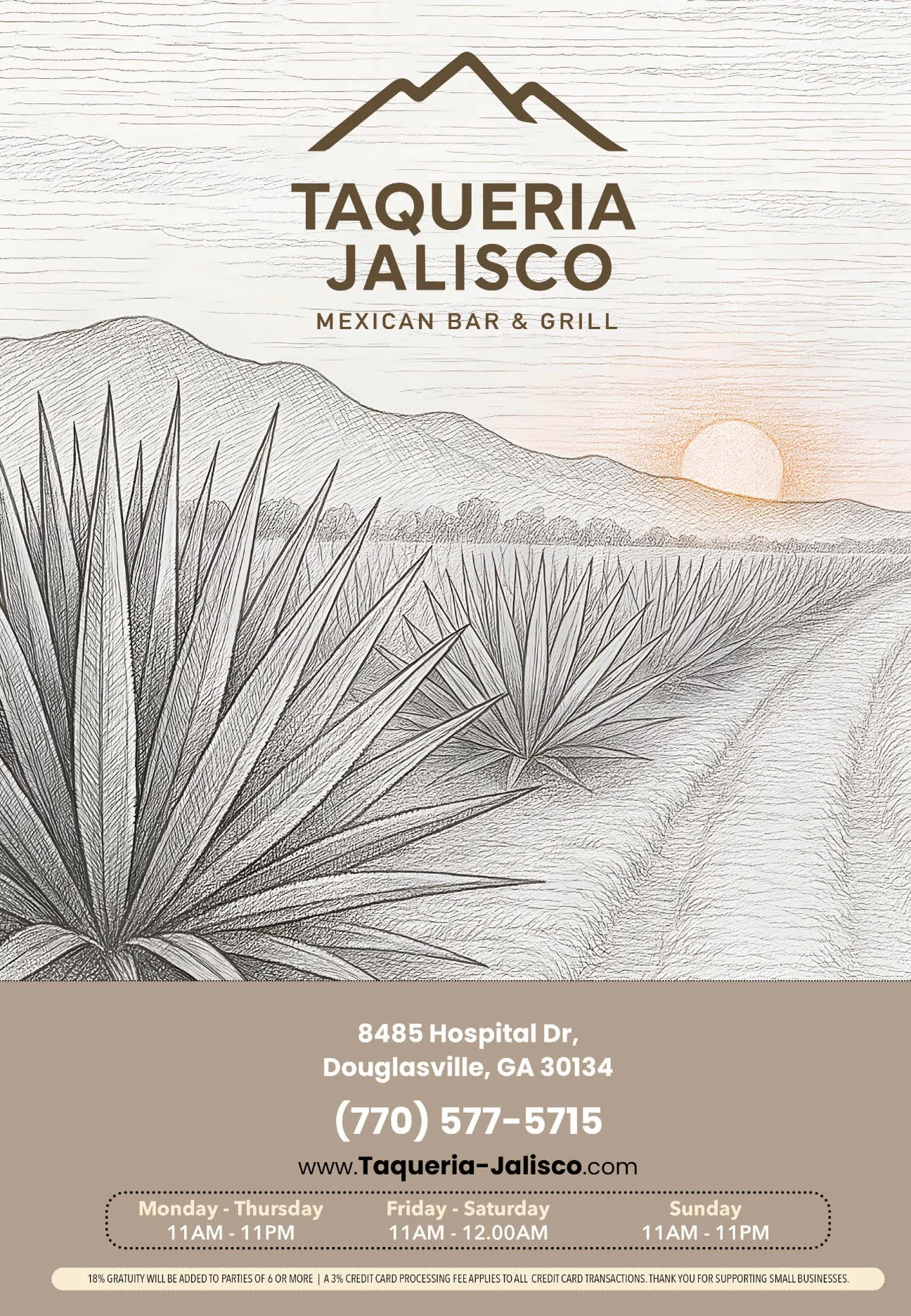 Taqueria Jalisco Mexican Bar & Grill exterior with mountains and agave plants