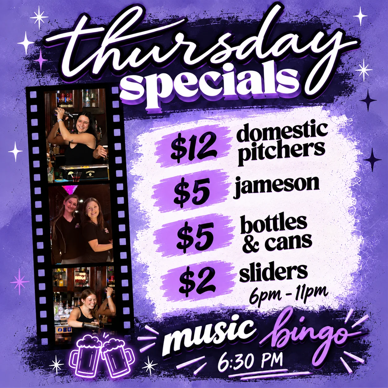 Thursday drink specials and music bingo event at a lively bar
