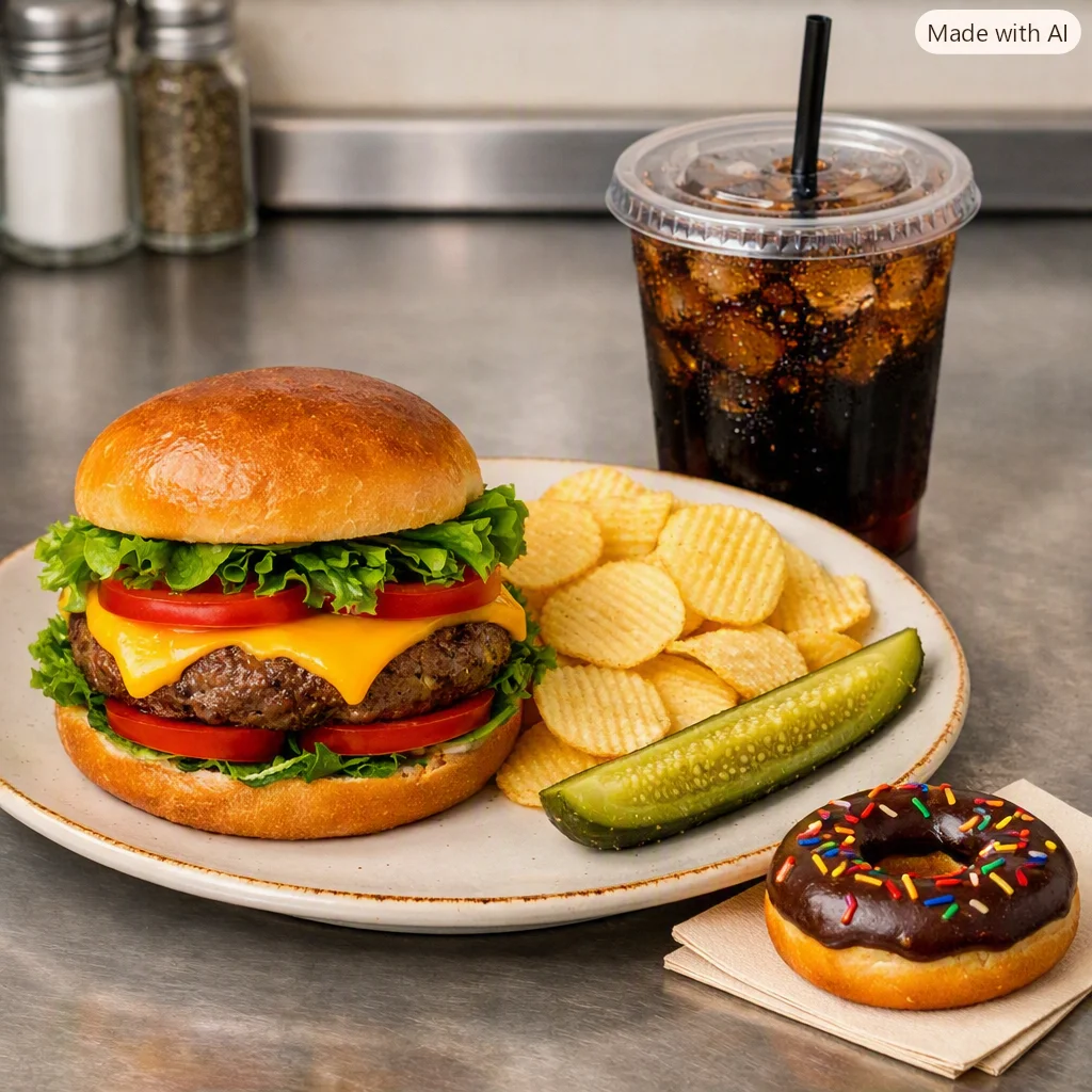 Classic American cheeseburger with sides and a drink