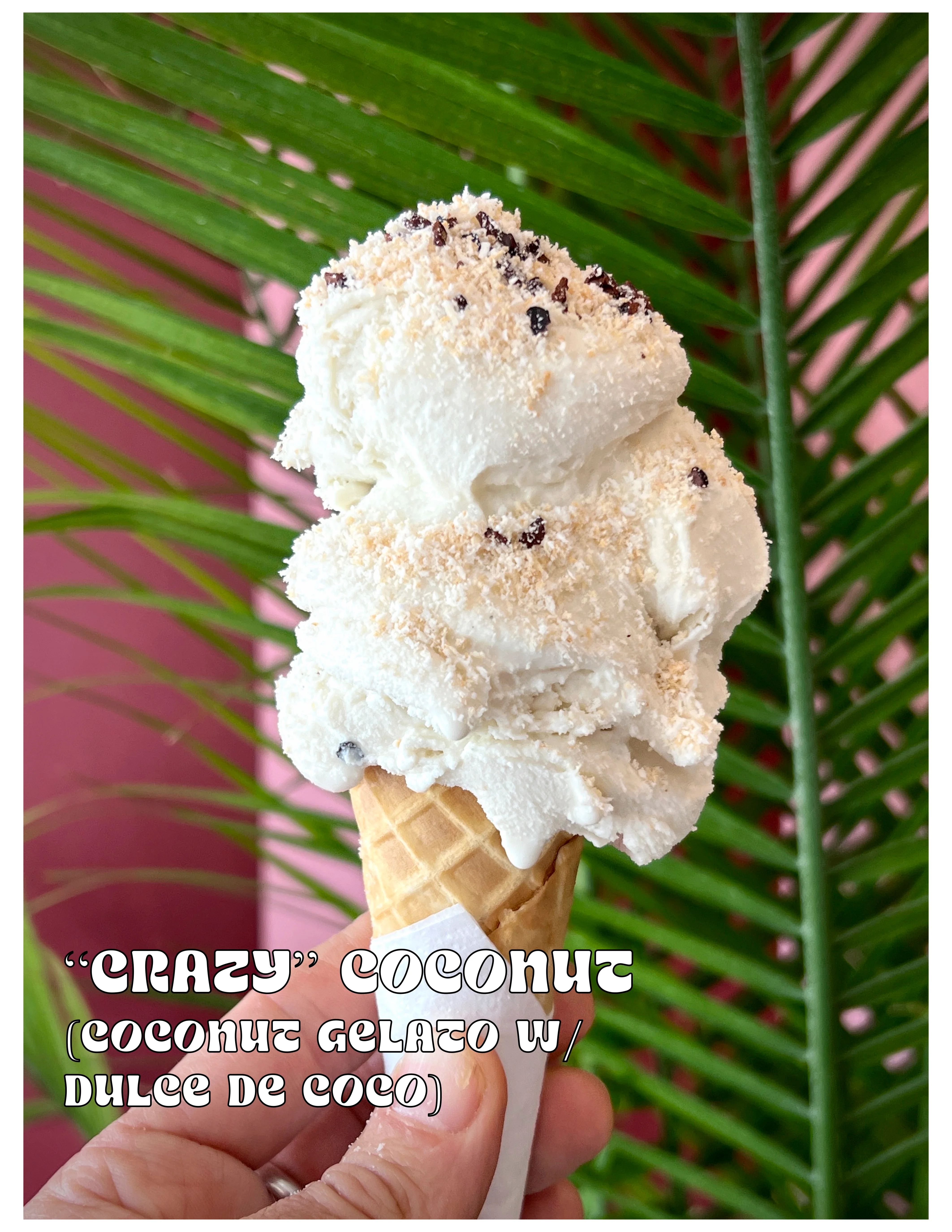 Creamy coconut gelato served in a waffle cone