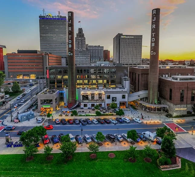 Aerial view of a Winston-Salem at sunset