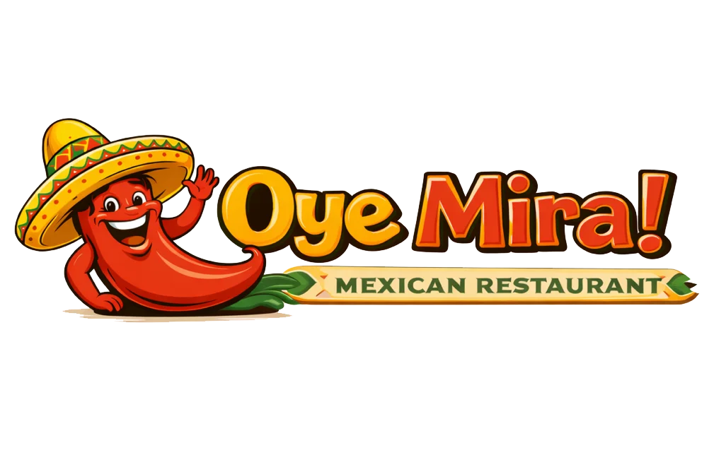 Colorful logo of Oye Mira! Mexican restaurant featuring a cheerful chili character