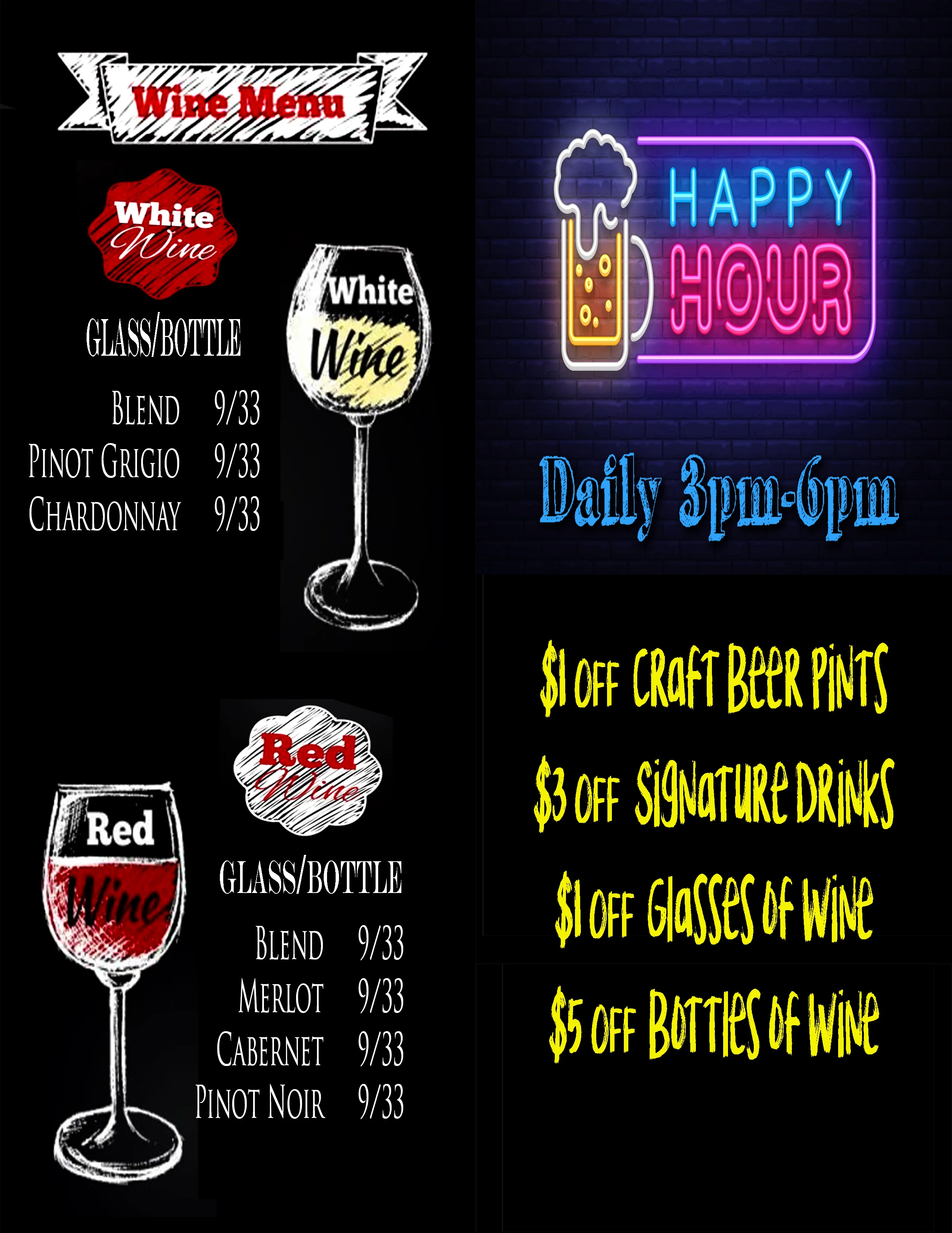 Wine menu featuring red and white selections with happy hour details