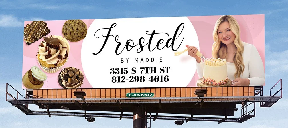 Billboard for Frosted by Maddie featuring desserts and a cake