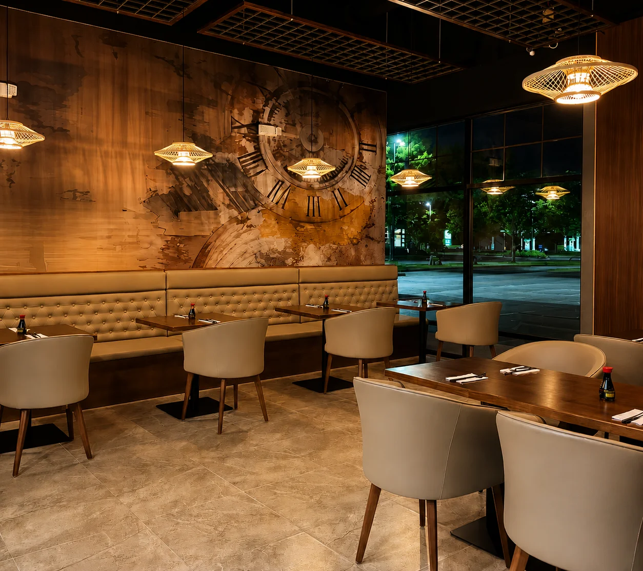 Modern restaurant interior with wooden accents and cozy seating