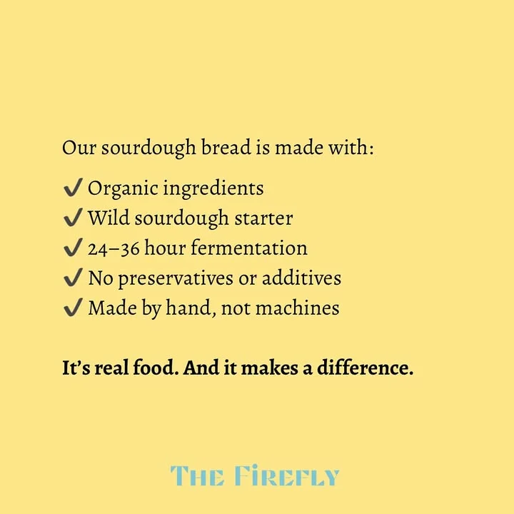 A text on a yellow background listing the organic ingredients and process for making sourdough bread, emphasizing its quality.