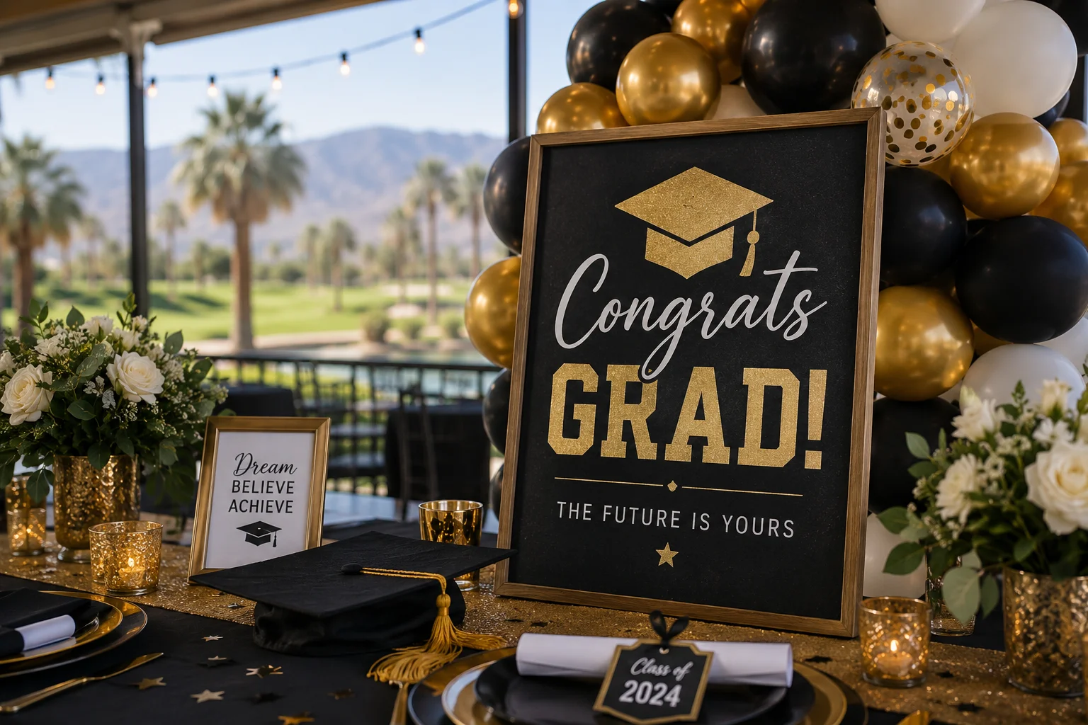 Graduation celebration decor with black and gold theme