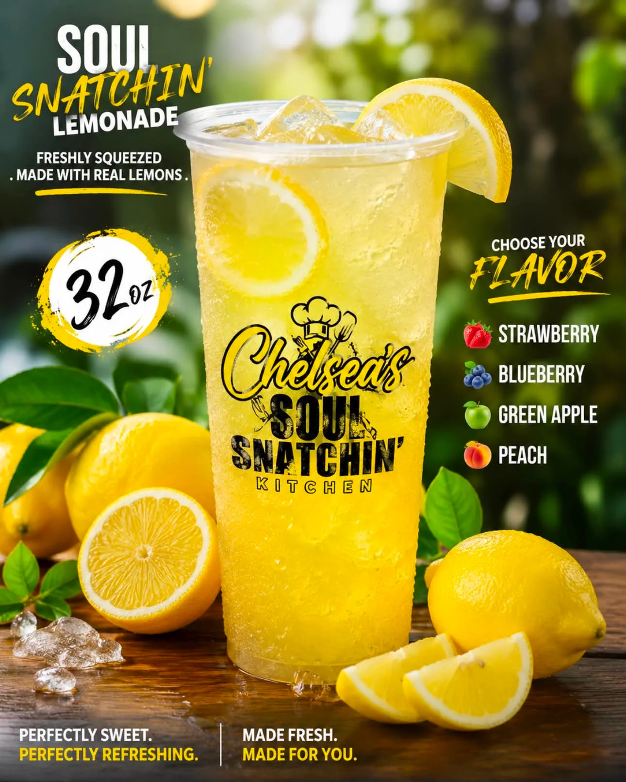 A refreshing lemonade drink in a clear cup, garnished with lemon slices, showcasing options for various flavors.