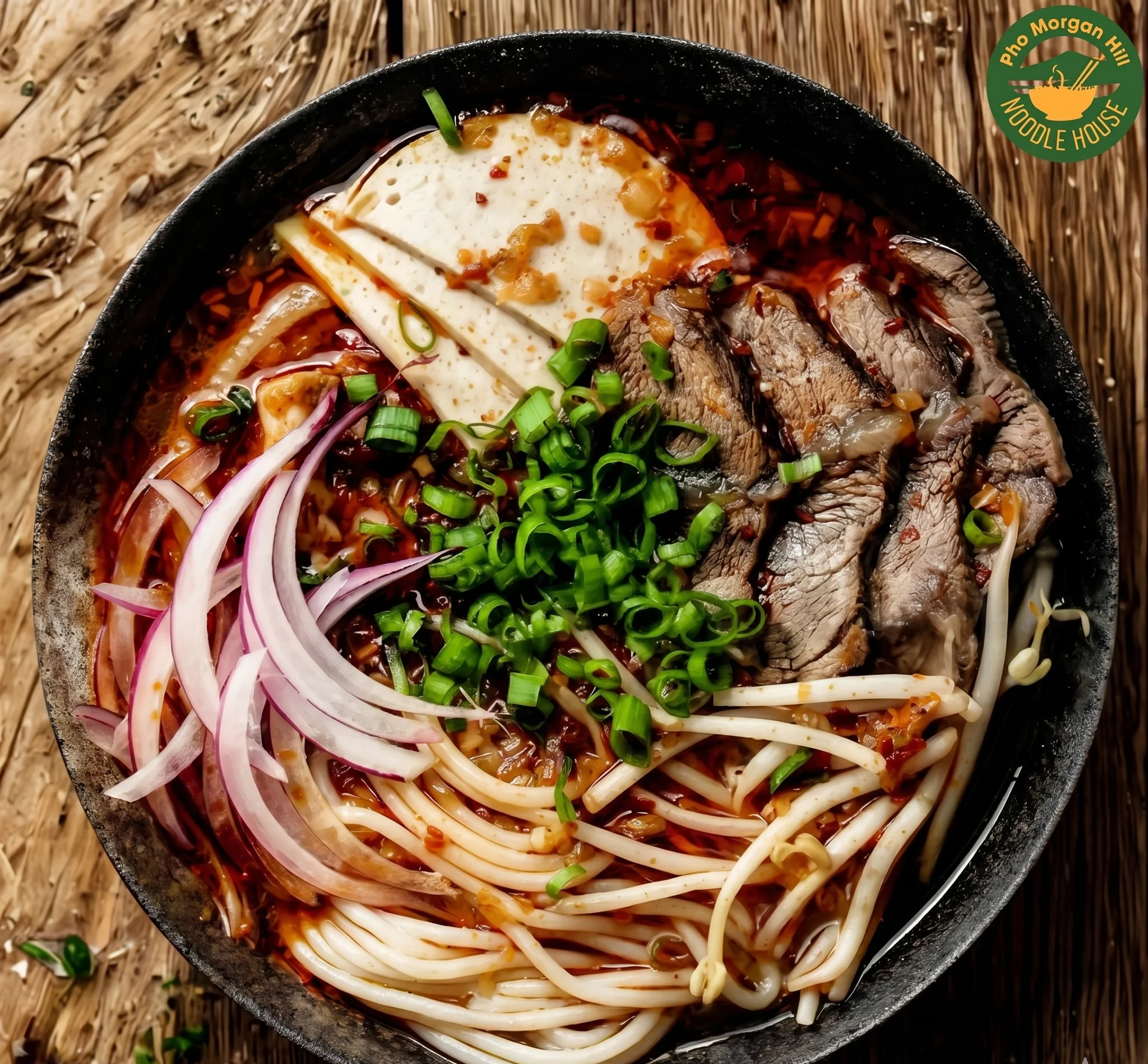 Spicy Sichuan beef noodle soup in a black bowl