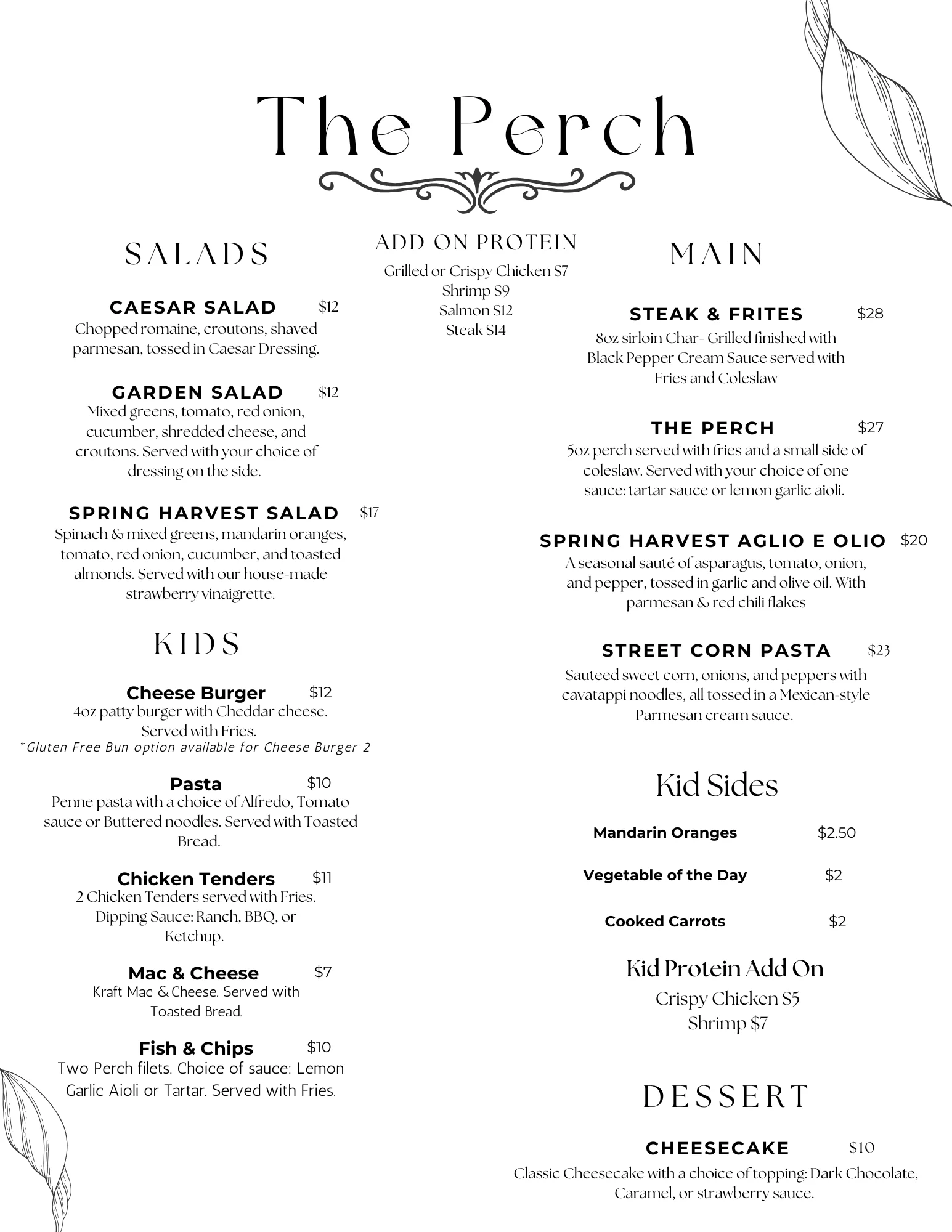 Menu from The Perch featuring diverse American dishes