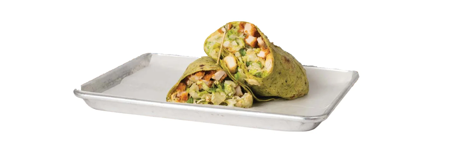 Two cut wraps on a plate, filled with vegetables and chicken.