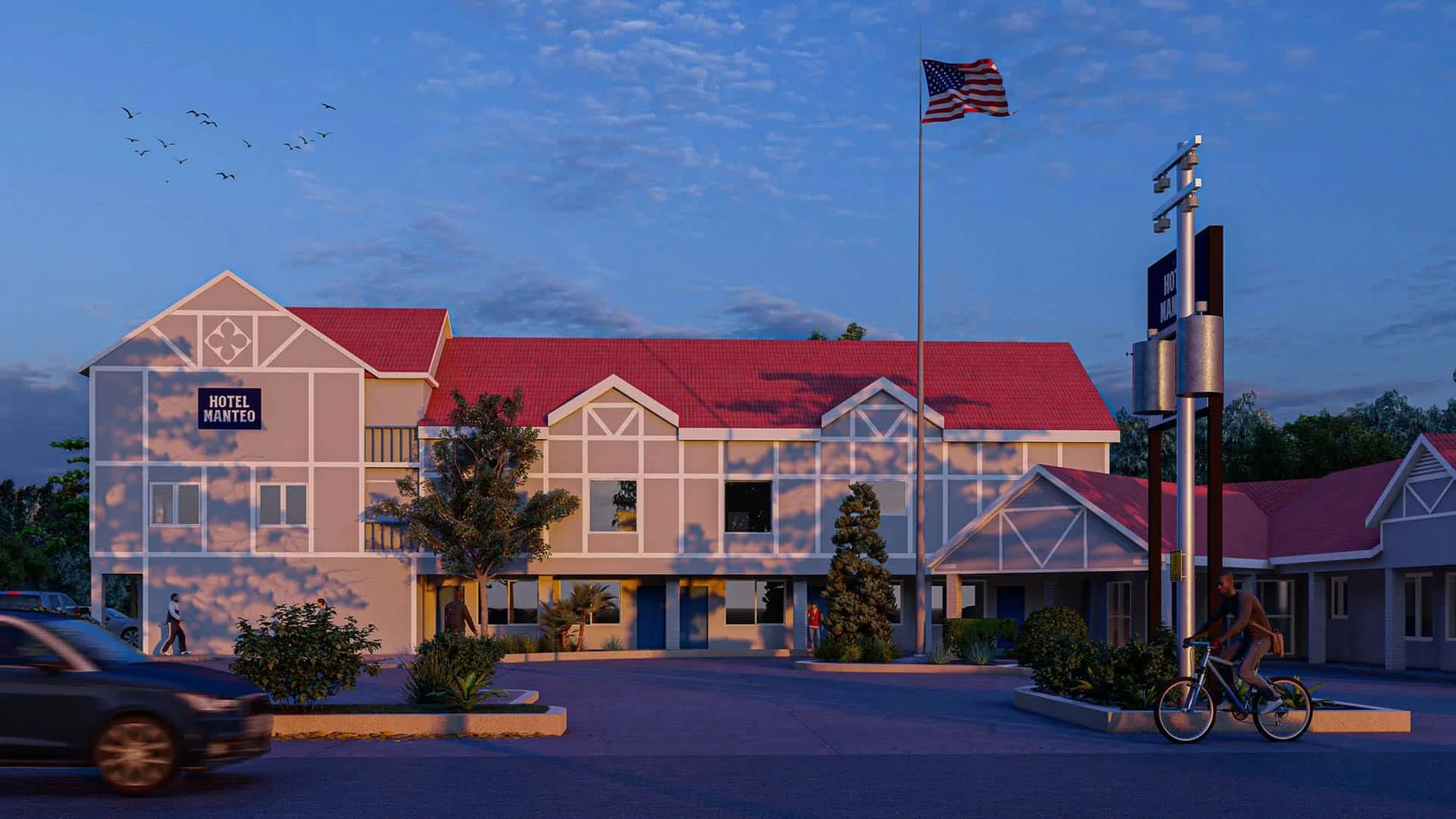 Hotel Manteo exterior on Highway 64 in Manteo, North Carolina, home of Firetender