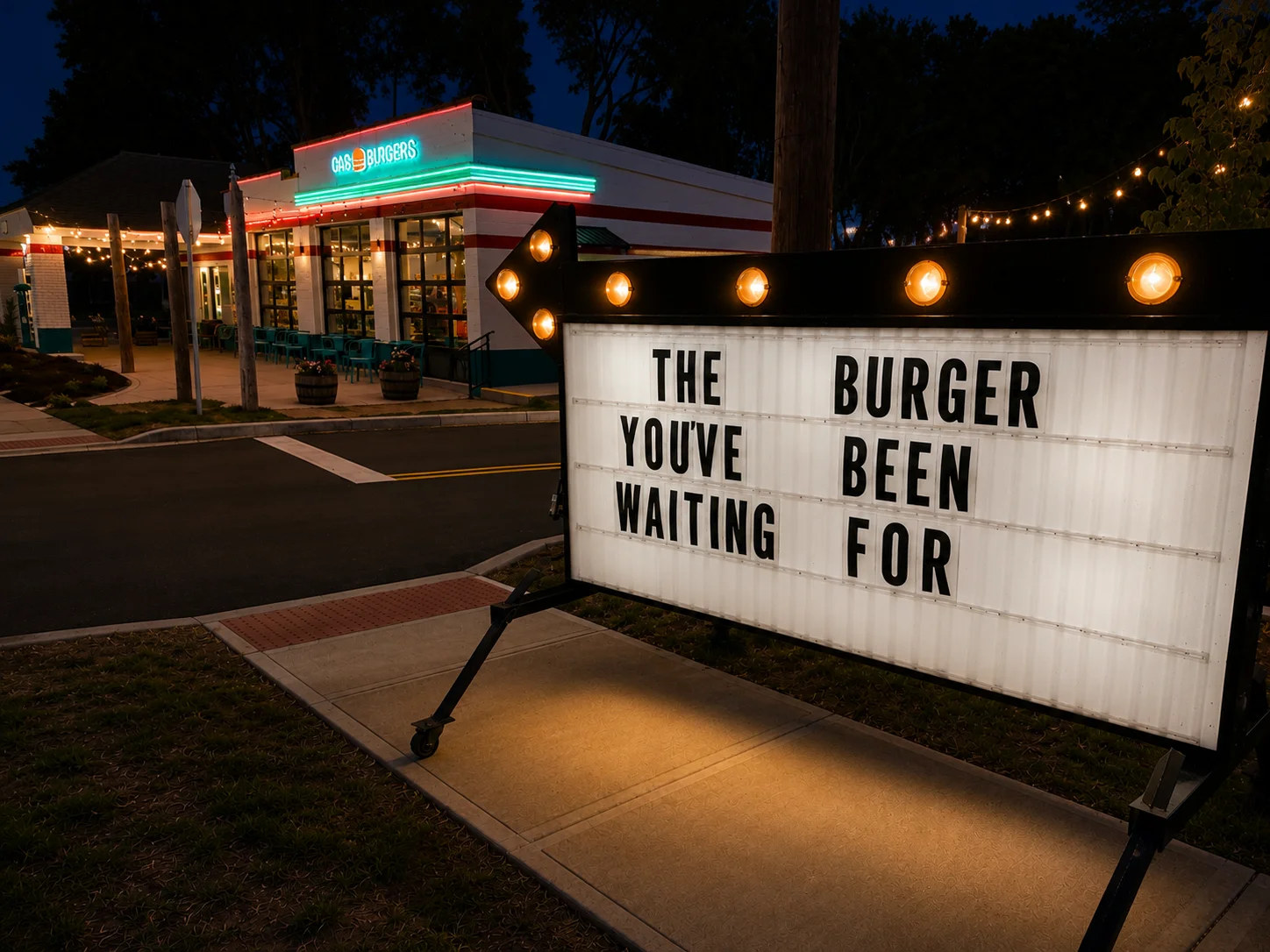 Charming burger restaurant exterior at night with neon lights