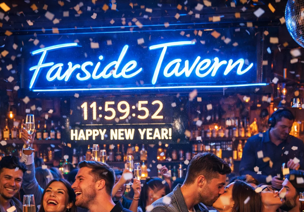 New Year's Eve celebration at Farside Tavern with confetti and drinks