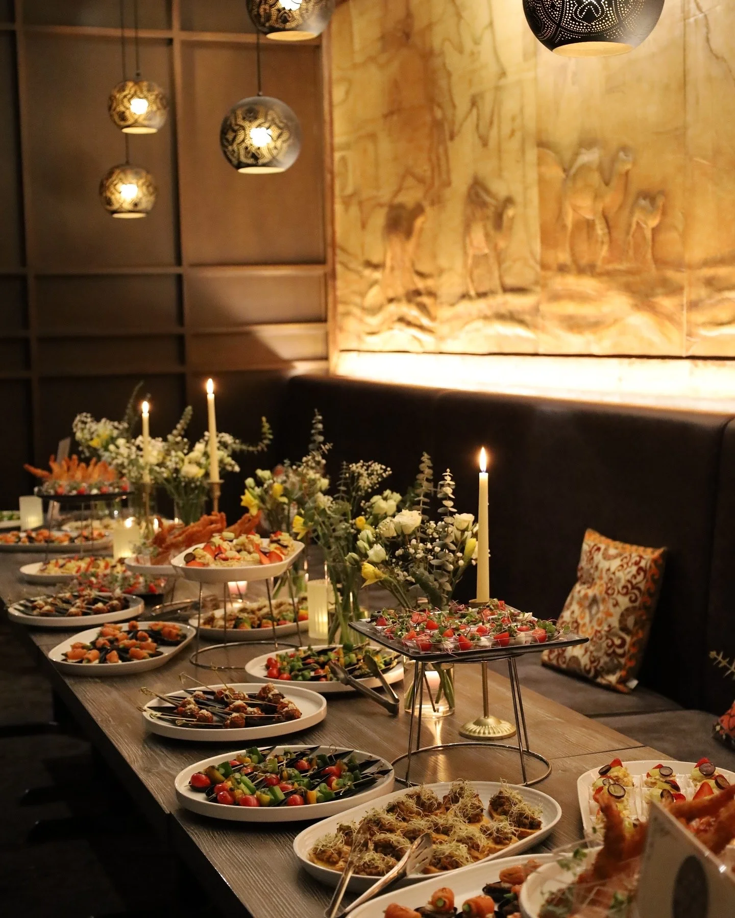 Elegant buffet spread featuring Middle Eastern mezze dishes