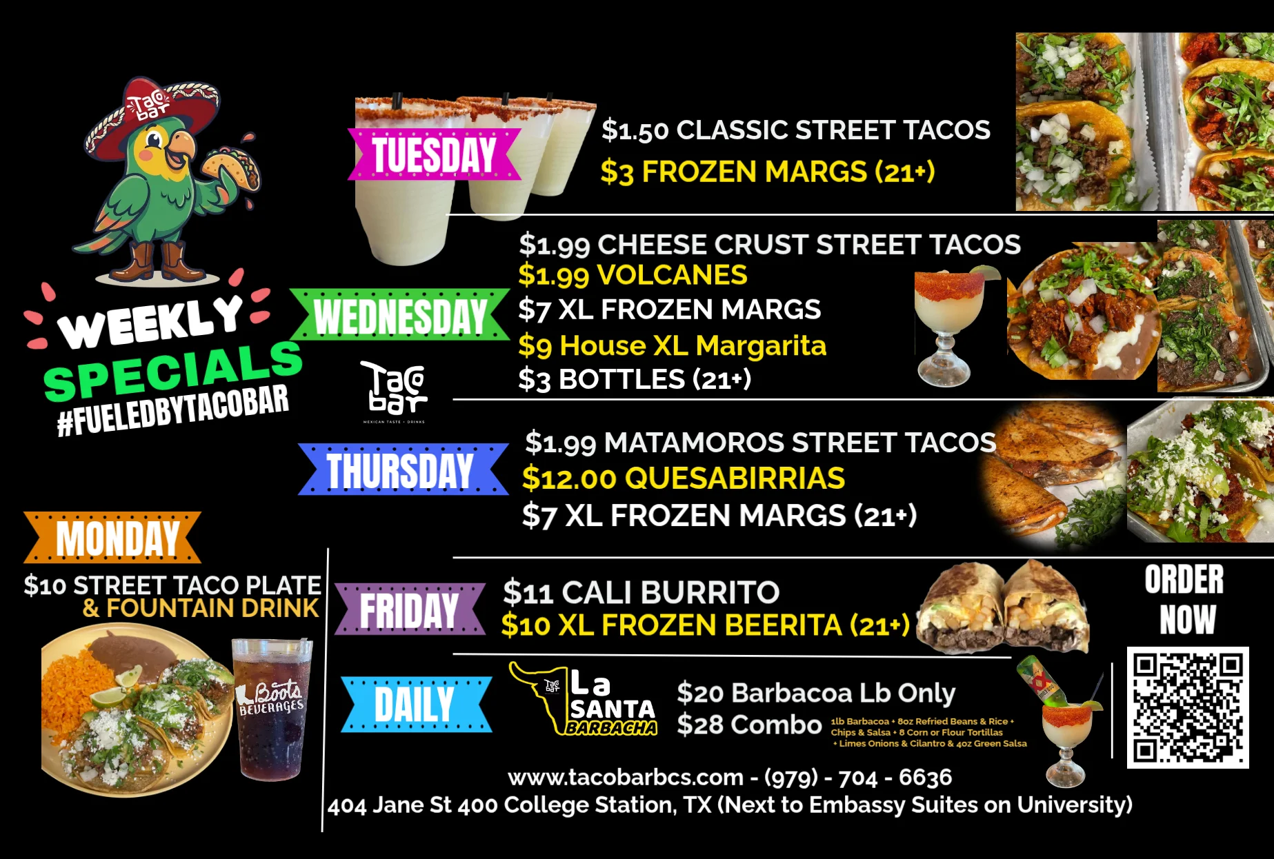 Mexican restaurant weekly specials graphic with street tacos, margaritas, and burritos