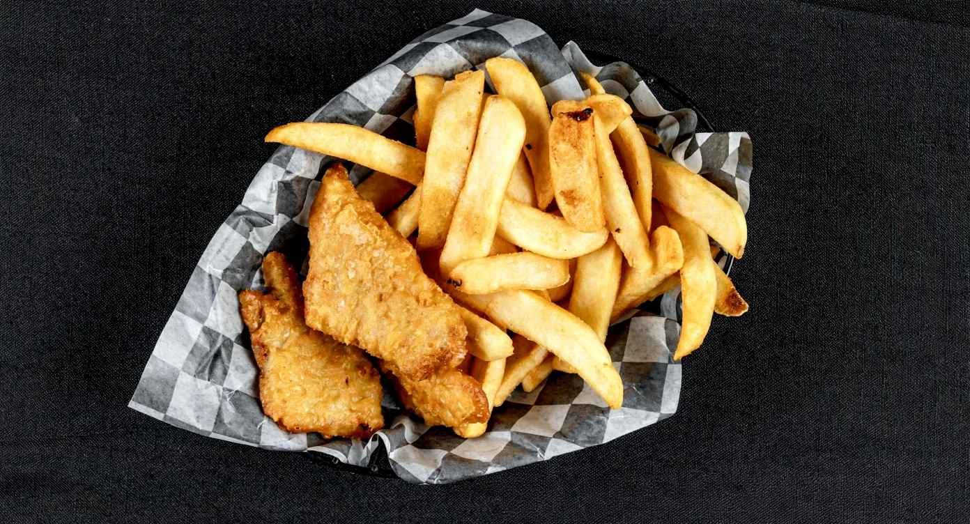 Plate of fish and chips with crispy batter and golden fries