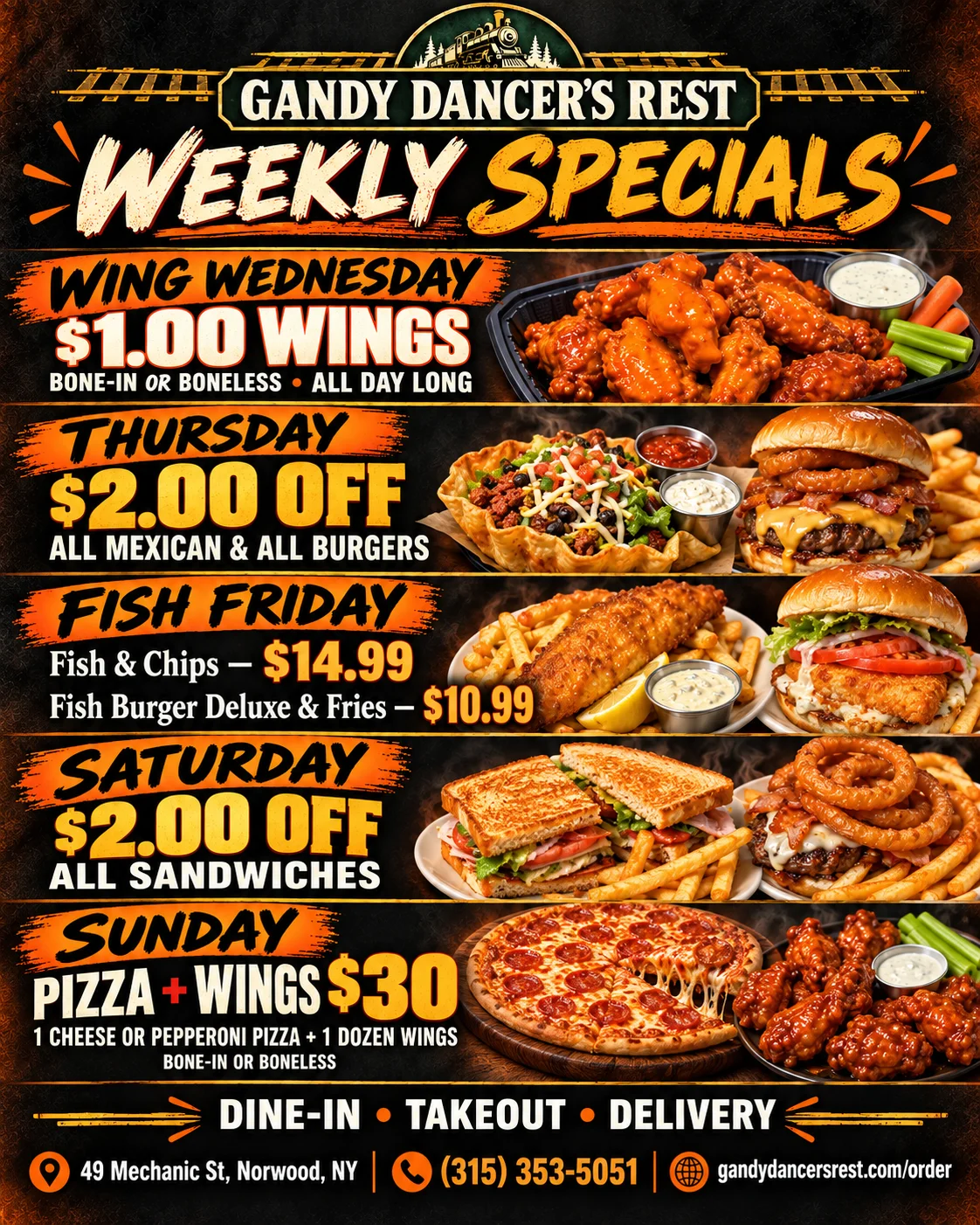 Weekly restaurant specials menu with diverse cuisine offerings