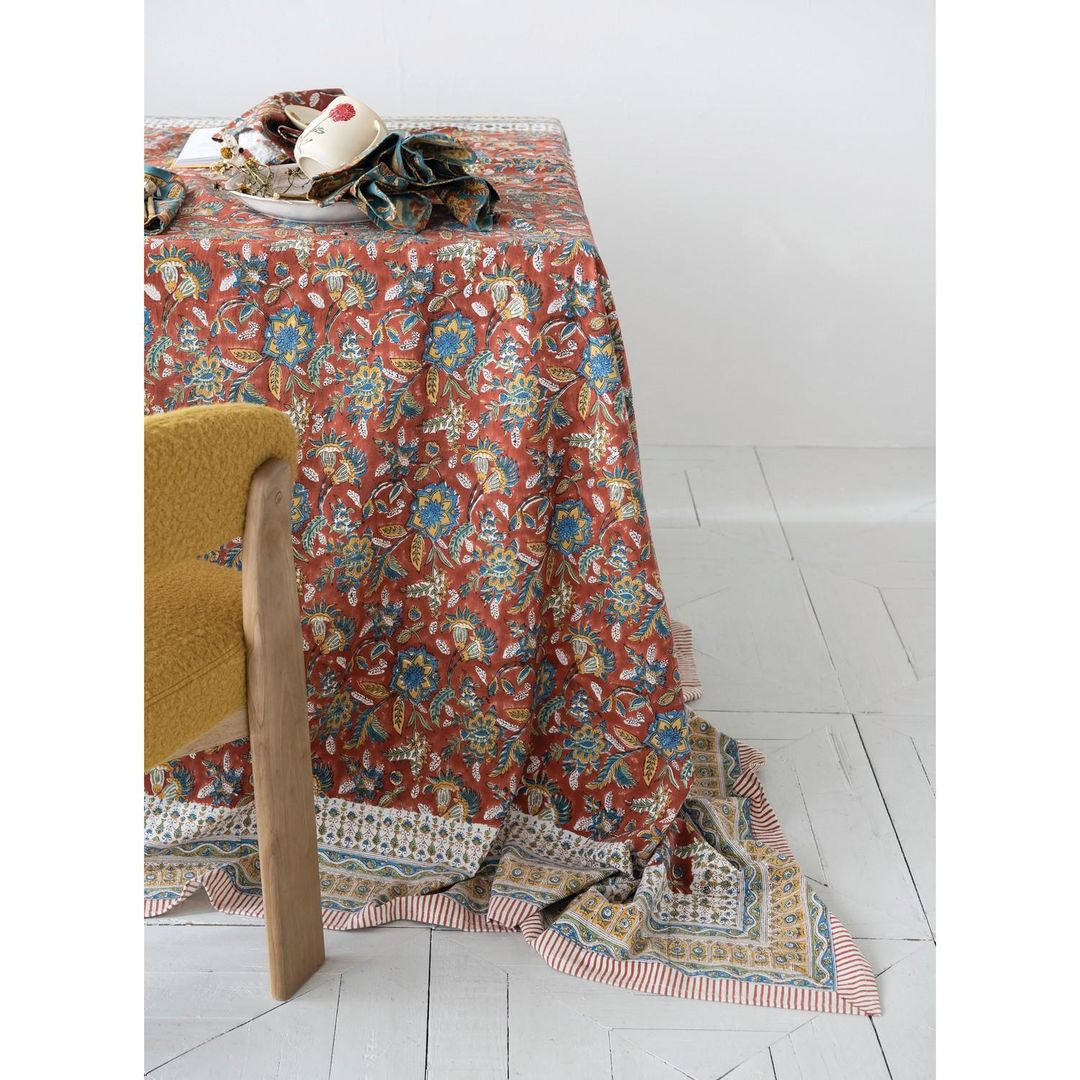 Cotton & Linen Block Printed Table Cloth w Floral Pattern - Image 1 of 2