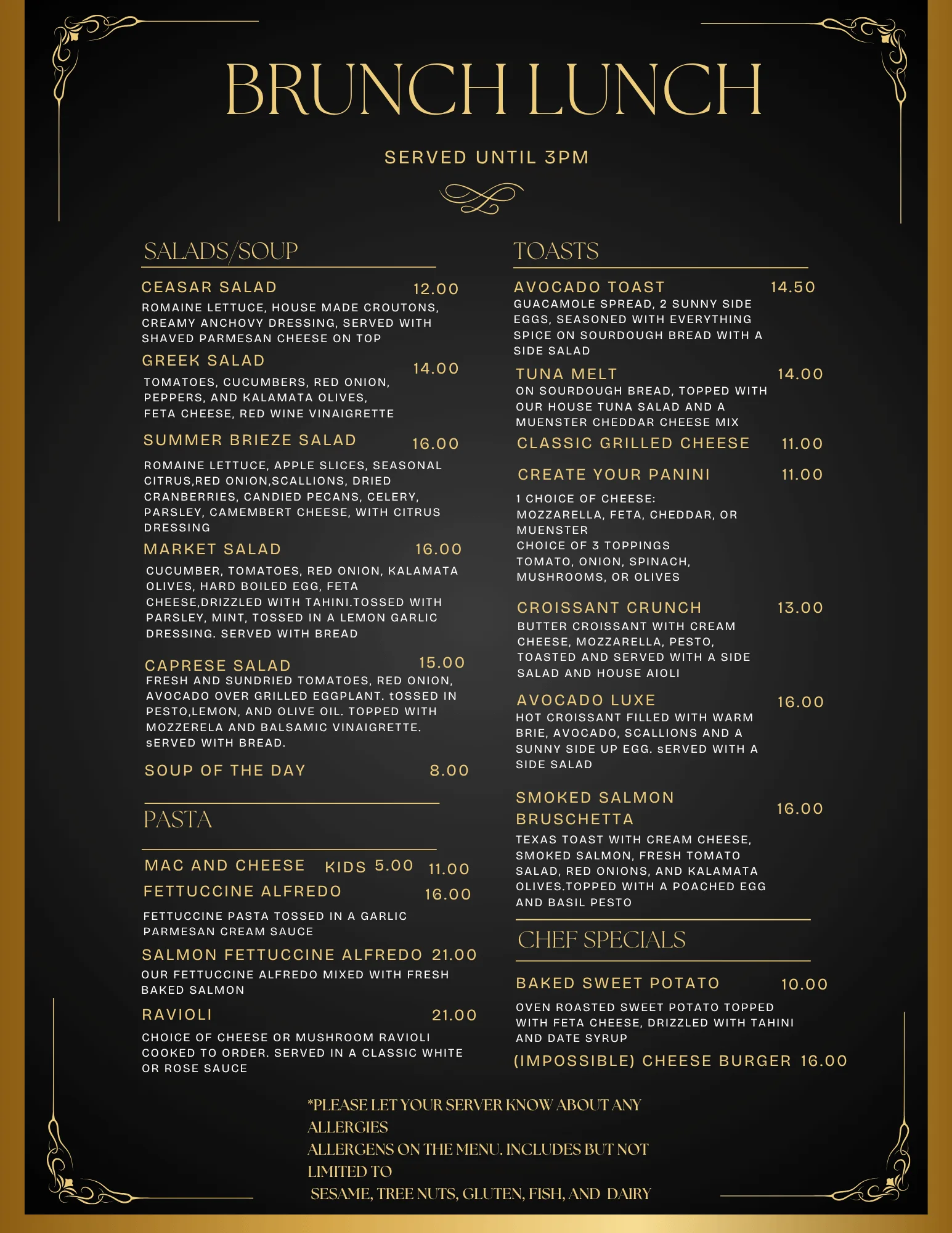 Brunch menu featuring salads, toasts, pasta, and chef specials