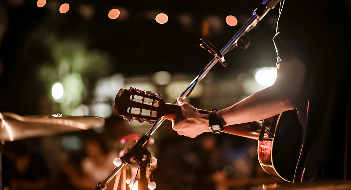 Musician performing live with guitar on stage