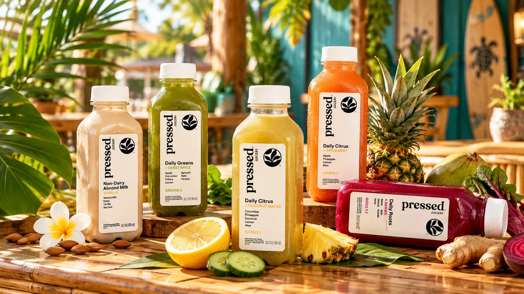 Colorful assortment of fresh cold-pressed juices on a tropical table