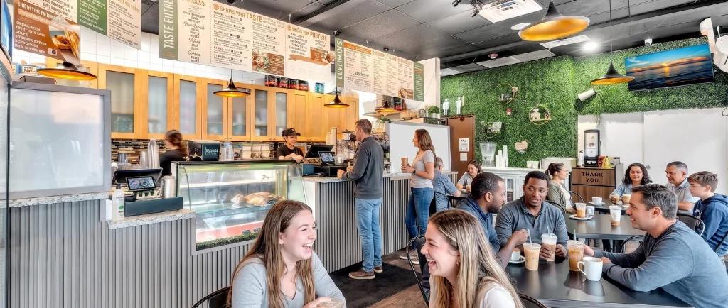 Interior of a busy café with customers enjoying drinks and food.