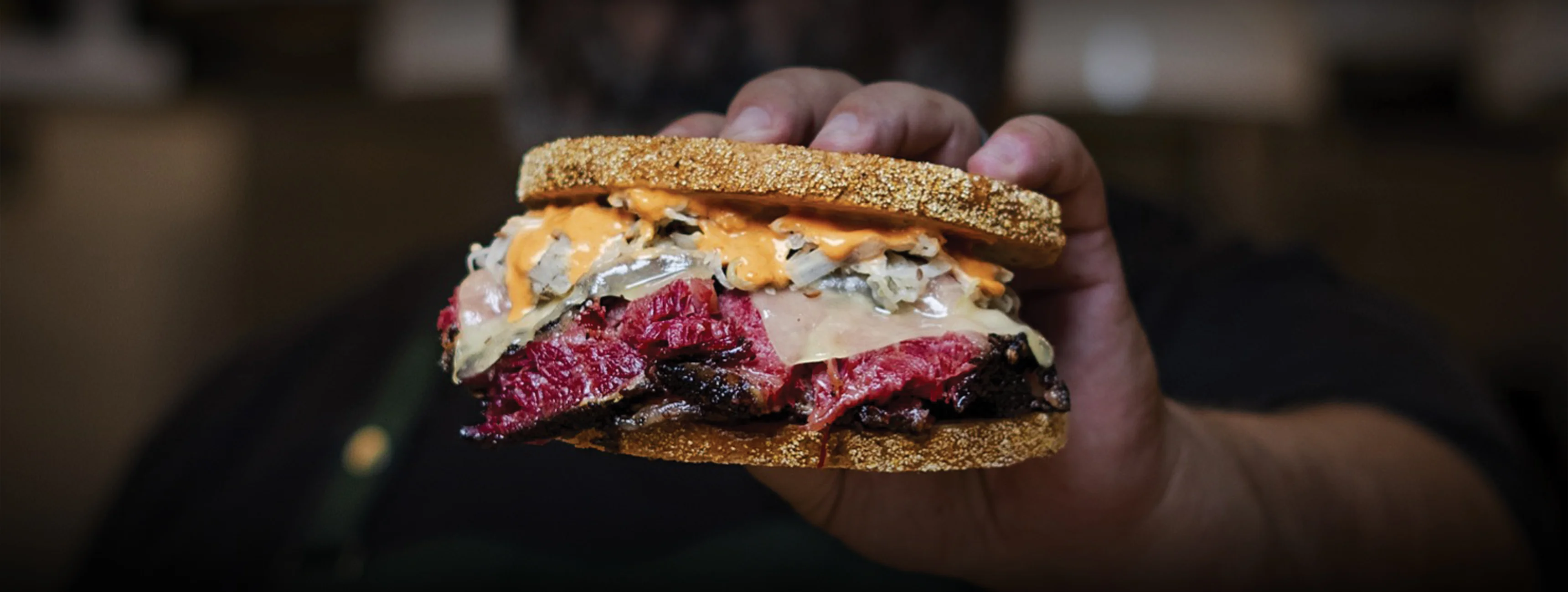 Delicious pastrami sandwich on toasted bread