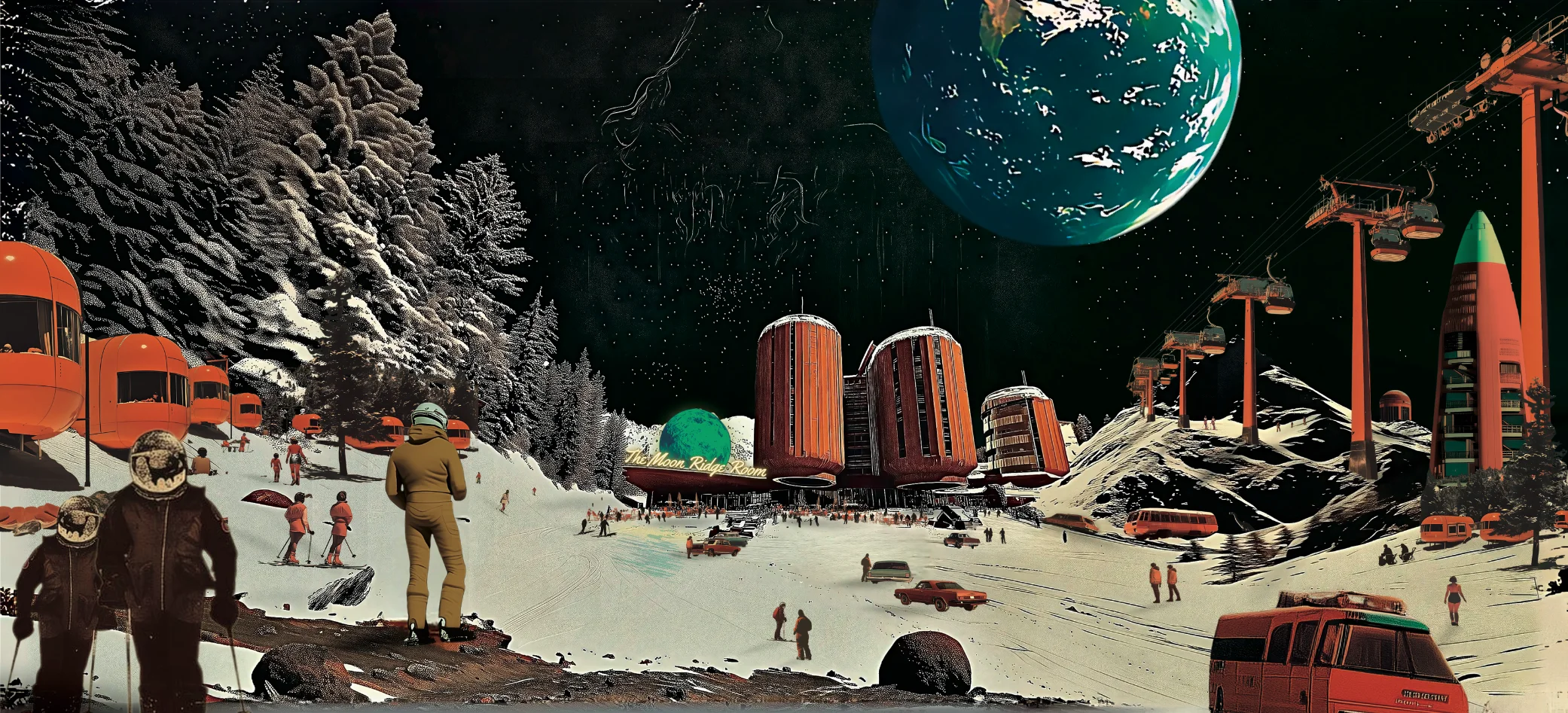 A futuristic snowy landscape featuring orange ski-lift gondolas, modern buildings, and a vibrant green celestial body in the background.