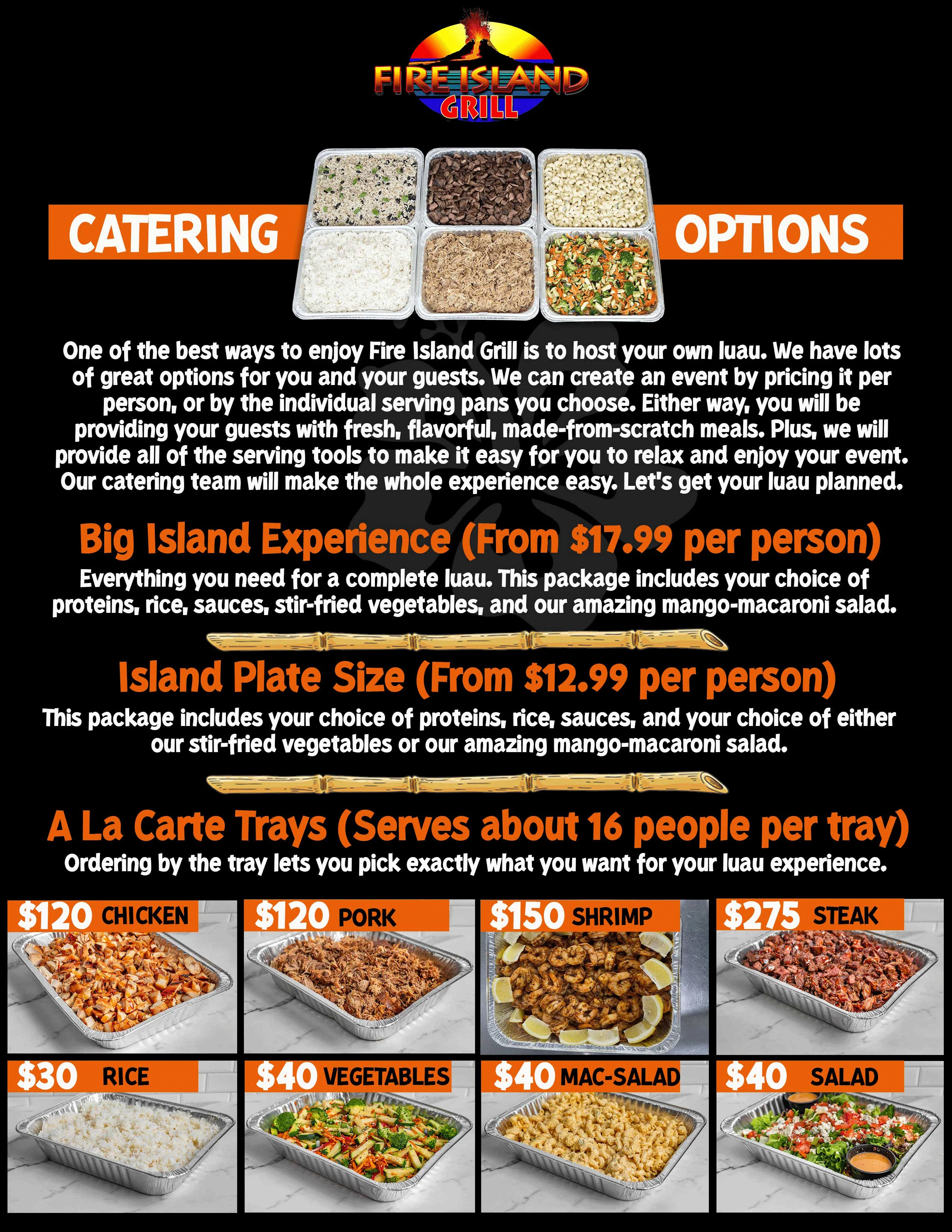 Catering options for Hawaiian luau with assorted dishes