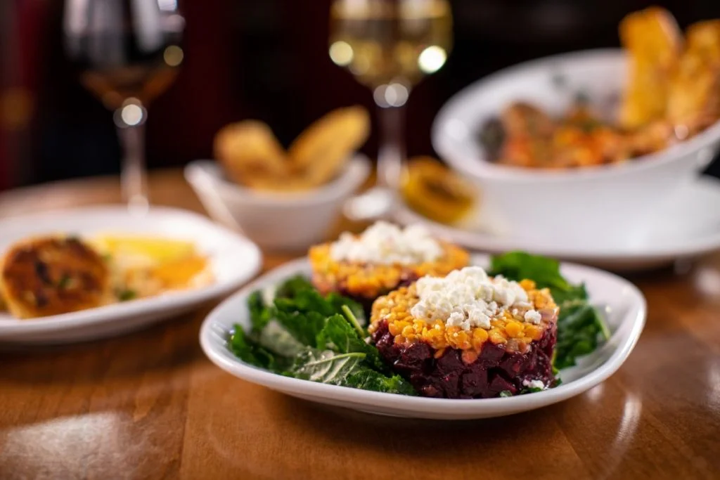 Colorful beet salad with corn and feta cheese