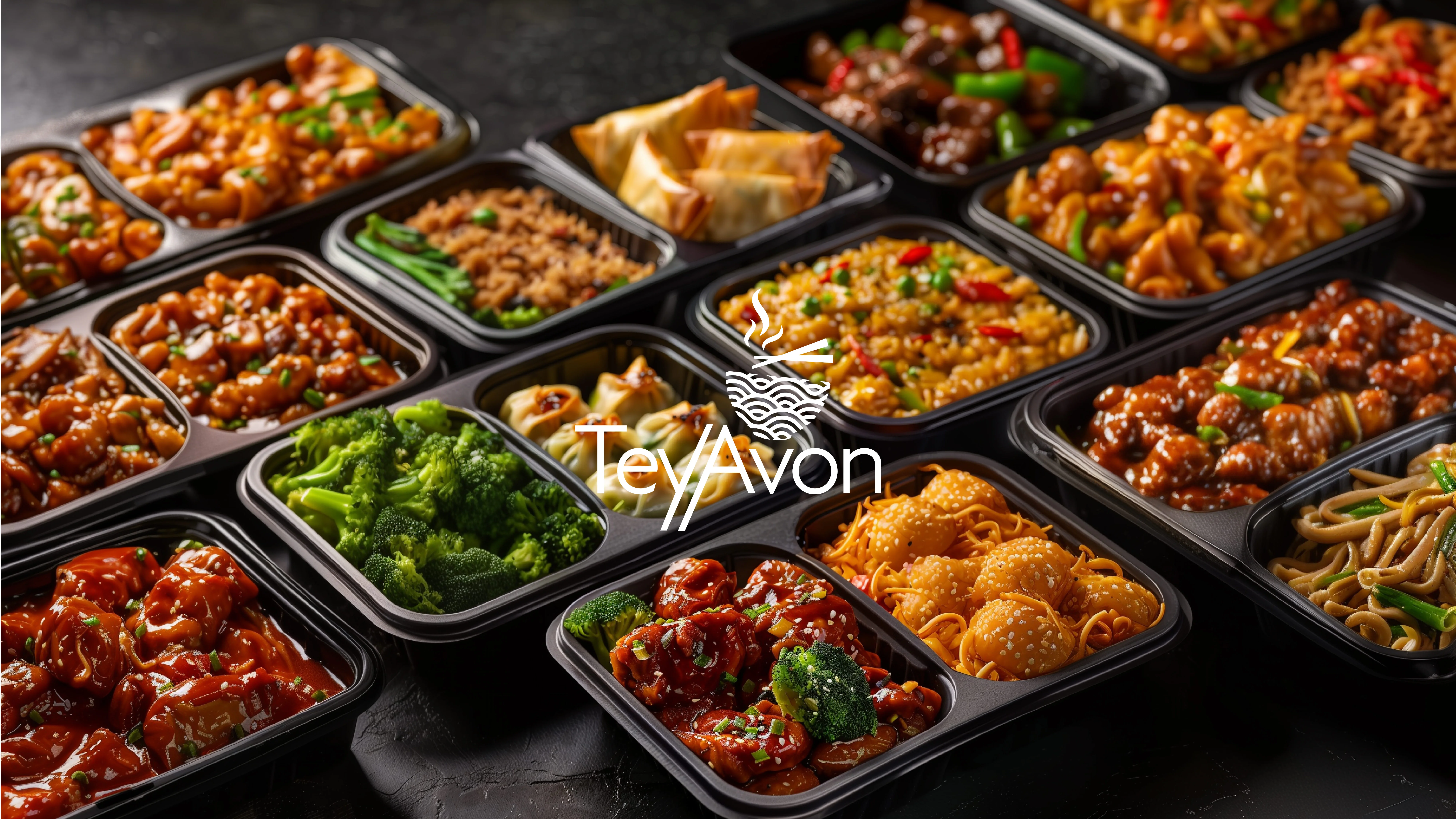 Assorted Chinese takeout dishes in black containers