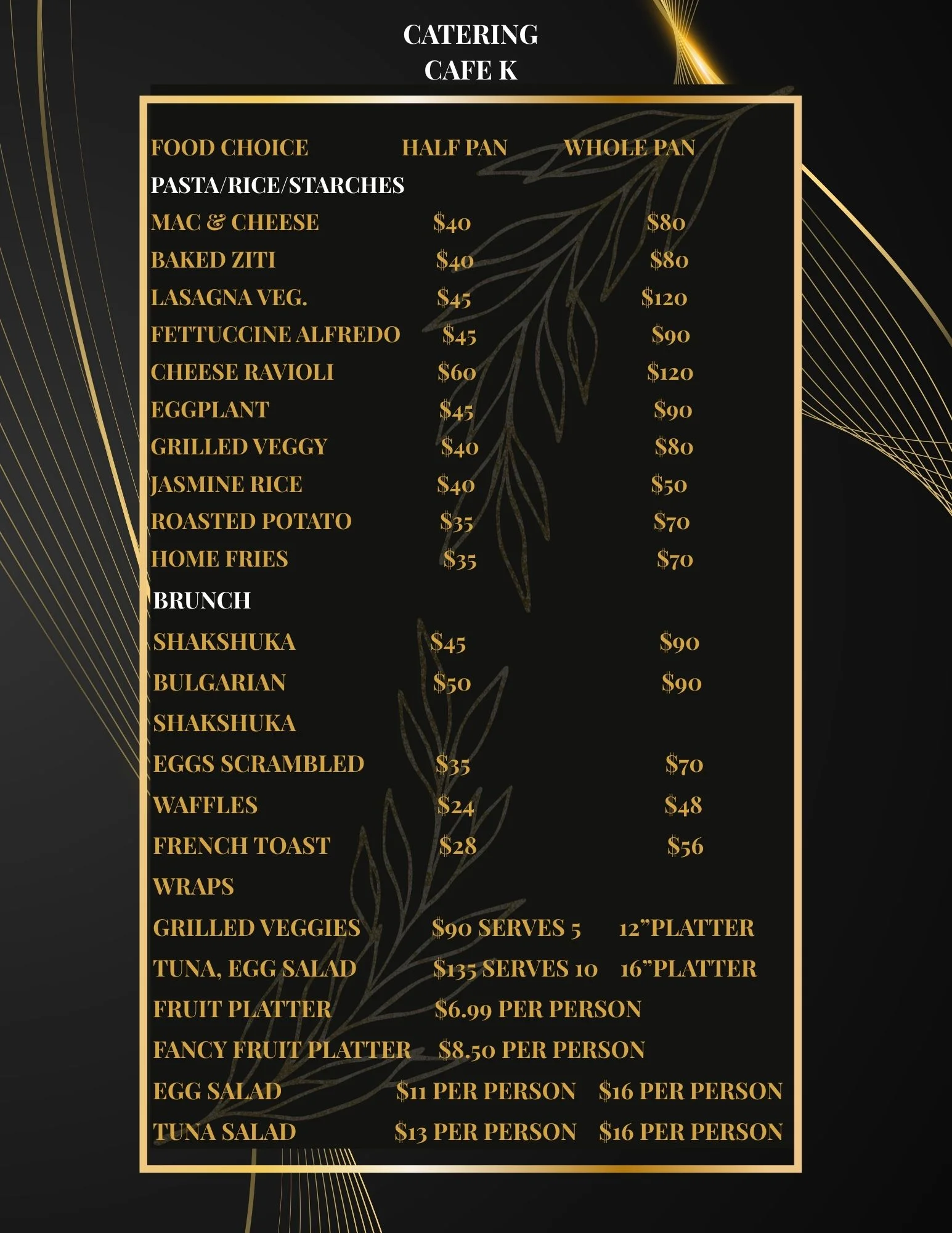 Catering menu featuring pasta and brunch options from Cafe K